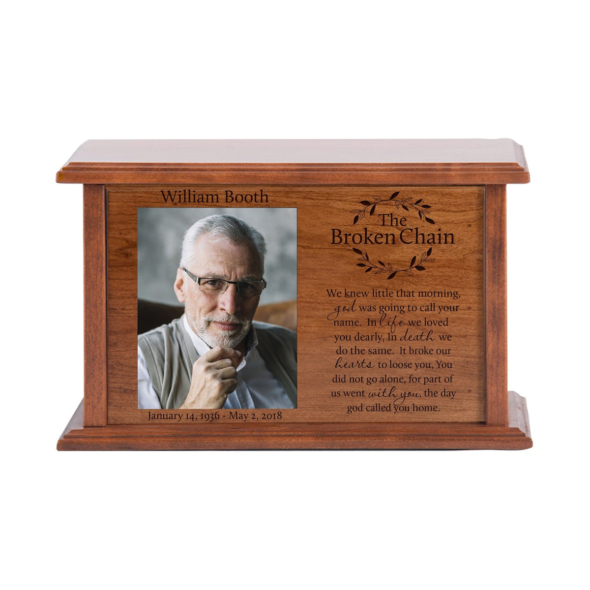 Custom Wooden Cremation Urn with Picture Frame holds 4x5 photo The Broken Chain (Leaves) - LifeSong Milestones