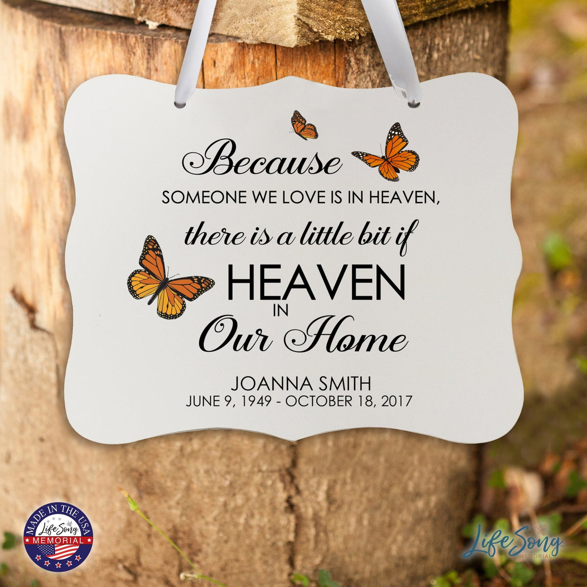 Custom Wooden Memorial 6x8 Ribbon Wall Sign Hanging Decor for Loss of Loved One Because Someone (White) - LifeSong Milestones