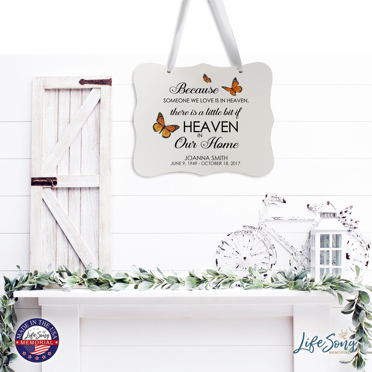 Custom Wooden Memorial 6x8 Ribbon Wall Sign Hanging Decor for Loss of Loved One Because Someone (White) - LifeSong Milestones