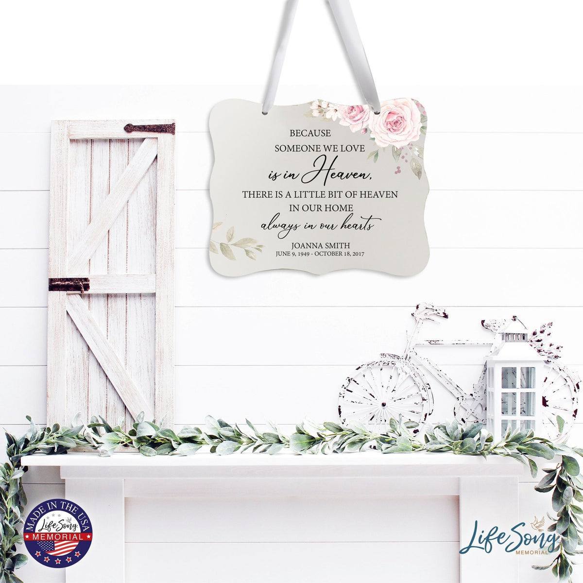 Custom Wooden Memorial 6x8 Ribbon Wall Sign Hanging Decor for Loss of Loved One Because Someone (White) - LifeSong Milestones