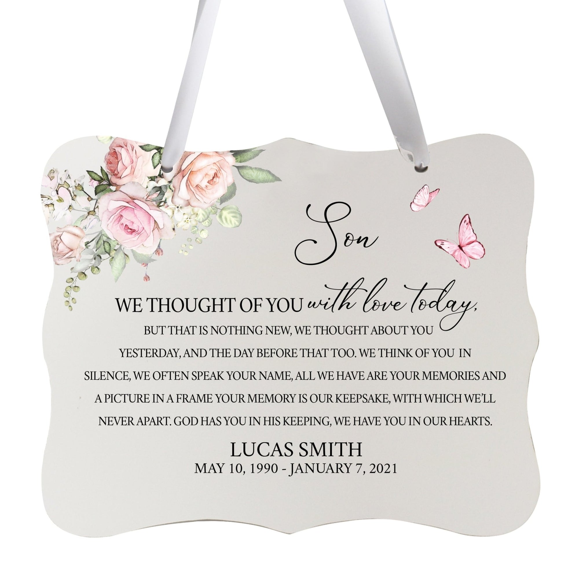 Custom Wooden Memorial 6x8 Ribbon Wall Sign Hanging Decor for Loss of Loved One We Thought Of (White) - LifeSong Milestones