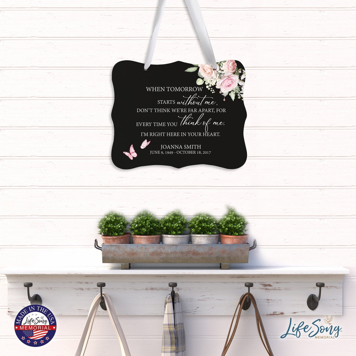 Custom Wooden Memorial 6x8 Ribbon Wall Sign Hanging Decor for Loss of Loved One When Tomorrow Starts (Black) - LifeSong Milestones