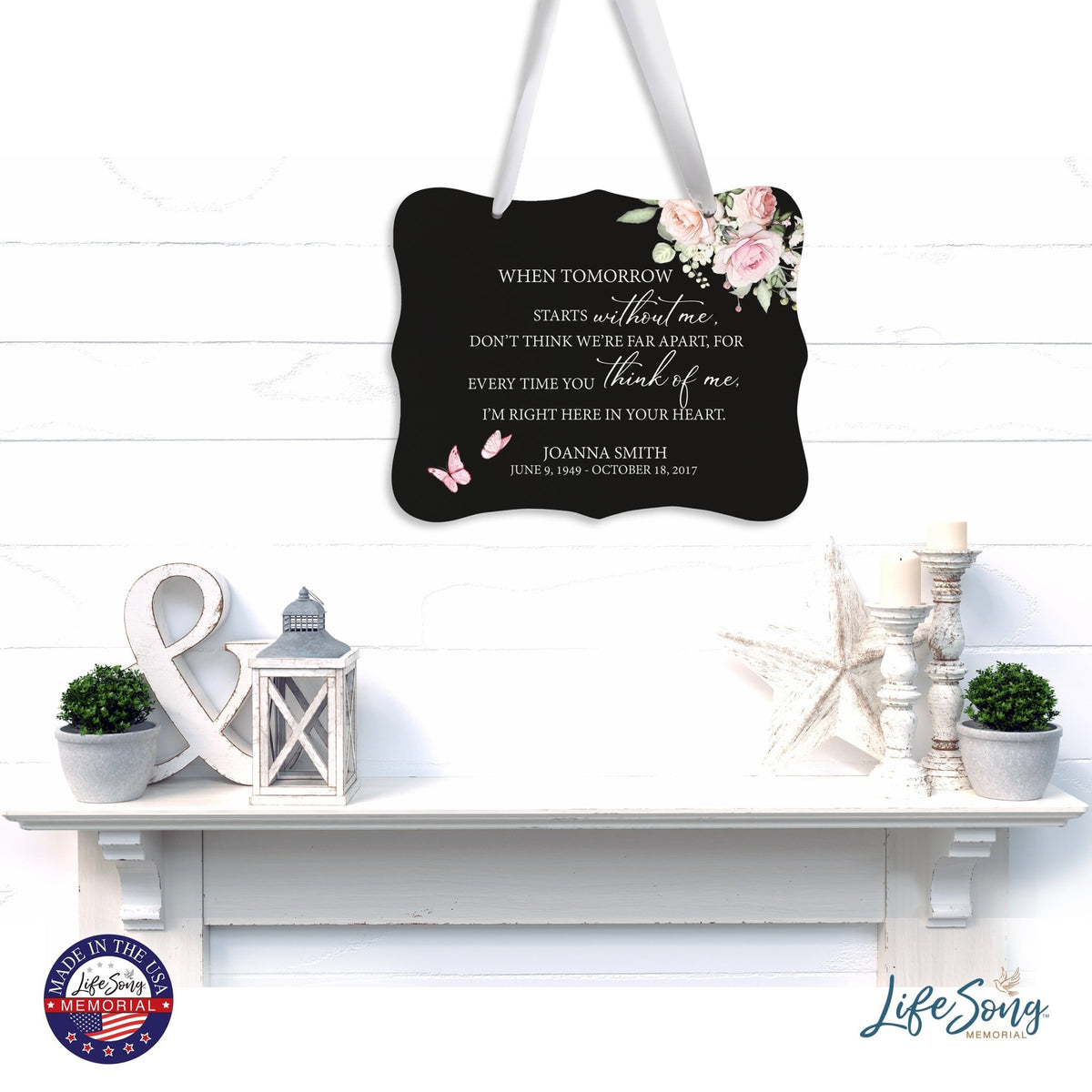 Custom Wooden Memorial 6x8 Ribbon Wall Sign Hanging Decor for Loss of Loved One When Tomorrow Starts (Black) - LifeSong Milestones