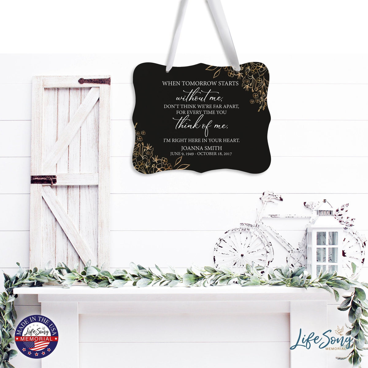 Custom Wooden Memorial 6x8 Ribbon Wall Sign Hanging Decor for Loss of Loved One When Tomorrow Starts (Black) - LifeSong Milestones