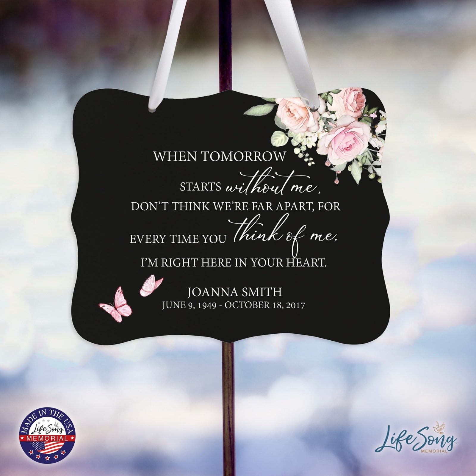 Custom Wooden Memorial 6x8 Ribbon Wall Sign Hanging Decor for Loss of Loved One When Tomorrow Starts (Black) - LifeSong Milestones