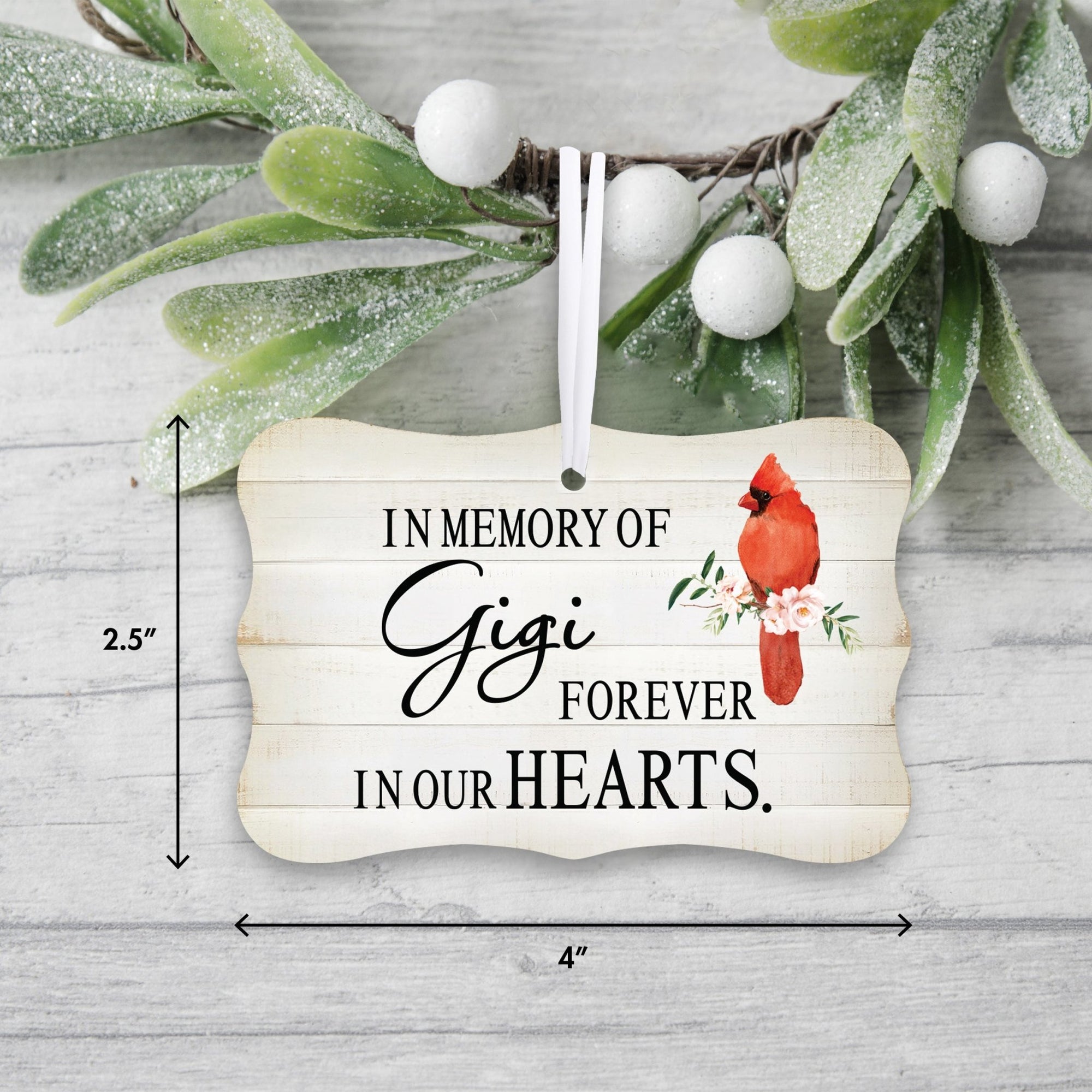 Custom Wooden Memorial Cardinal Ribbon Scalloped Ornament for Loss of Loved One - In Memory Of Gigi - LifeSong Milestones