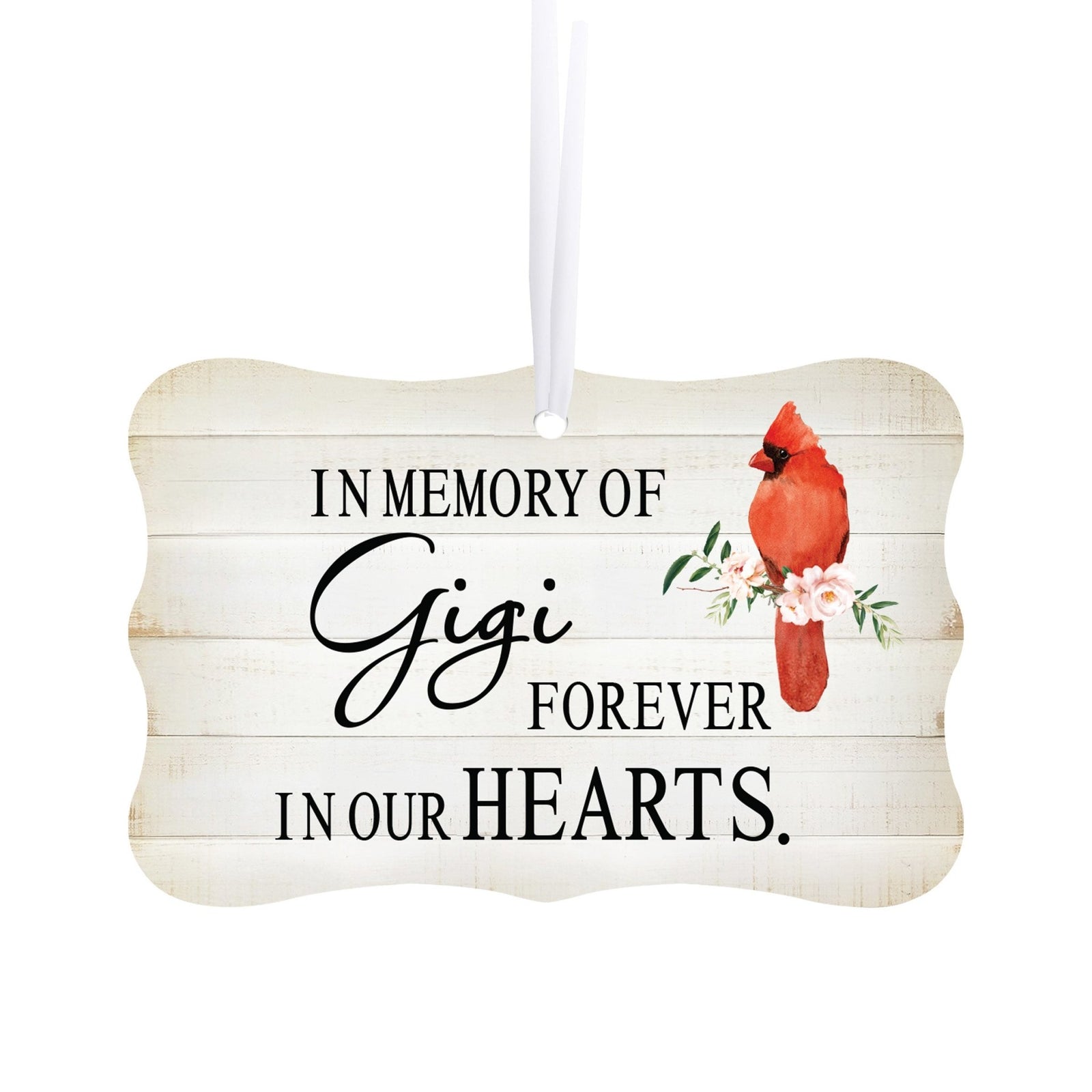 Custom Wooden Memorial Cardinal Ribbon Scalloped Ornament for Loss of Loved One - In Memory Of Gigi - LifeSong Milestones