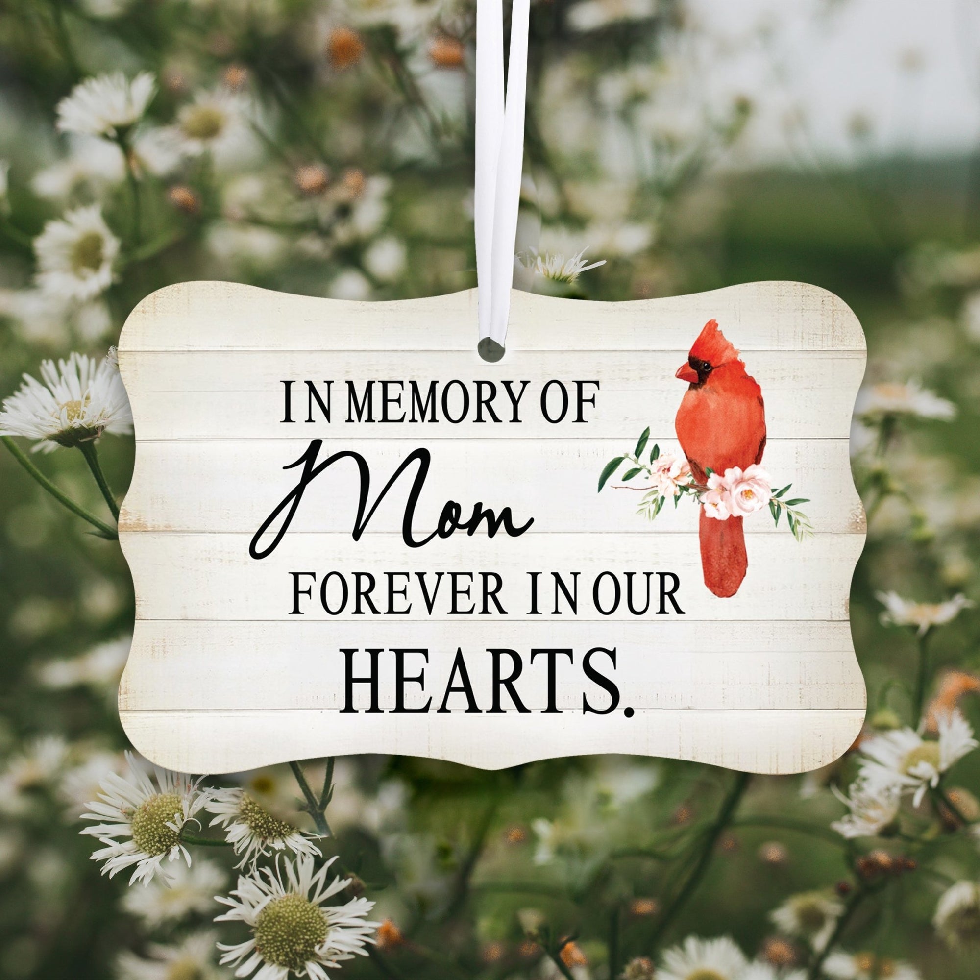 Custom Wooden Memorial Cardinal Ribbon Scalloped Ornament for Loss of Loved One - In Memory Of Mom - LifeSong Milestones