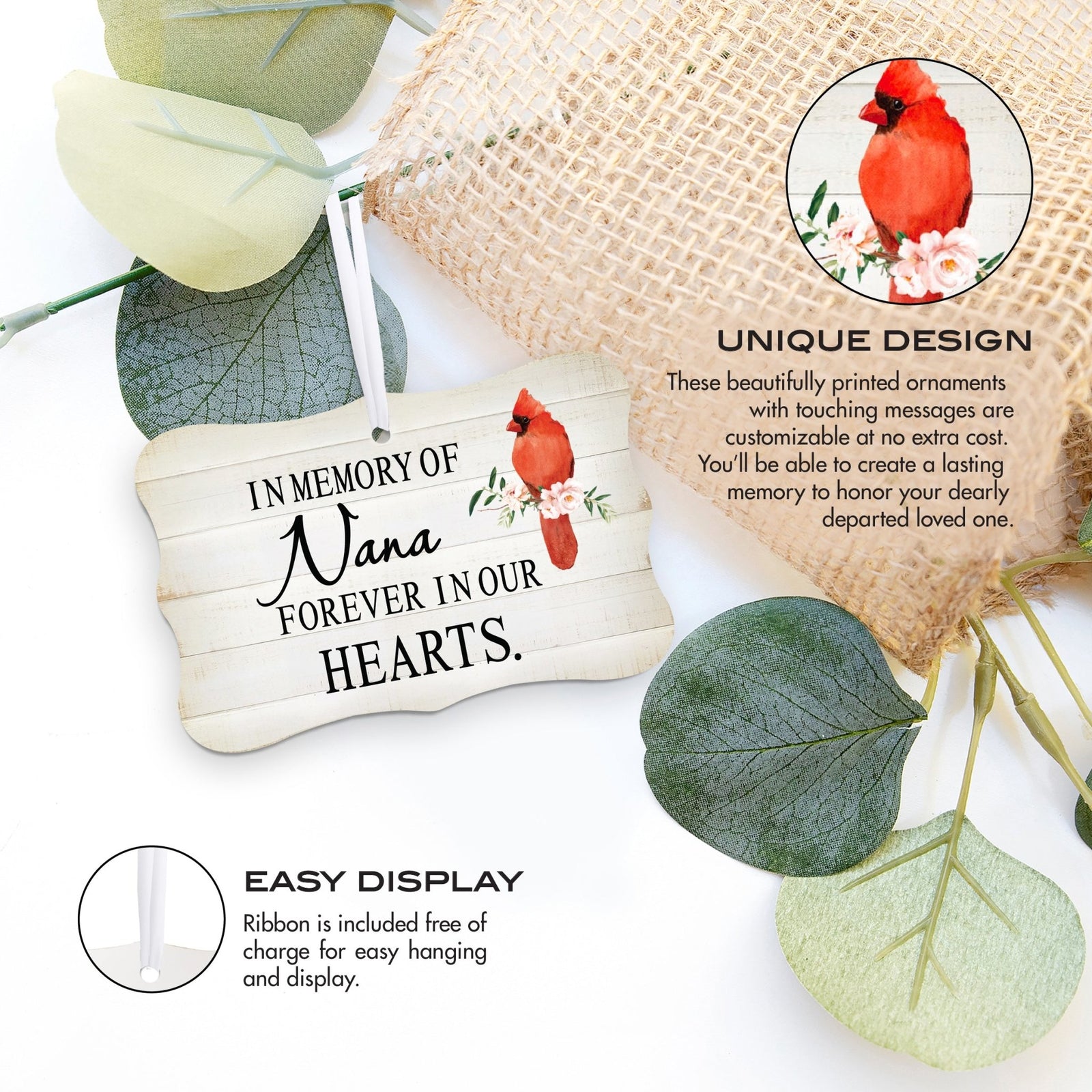 Custom Wooden Memorial Cardinal Ribbon Scalloped Ornament for Loss of Loved One - In Memory Of Nana - LifeSong Milestones