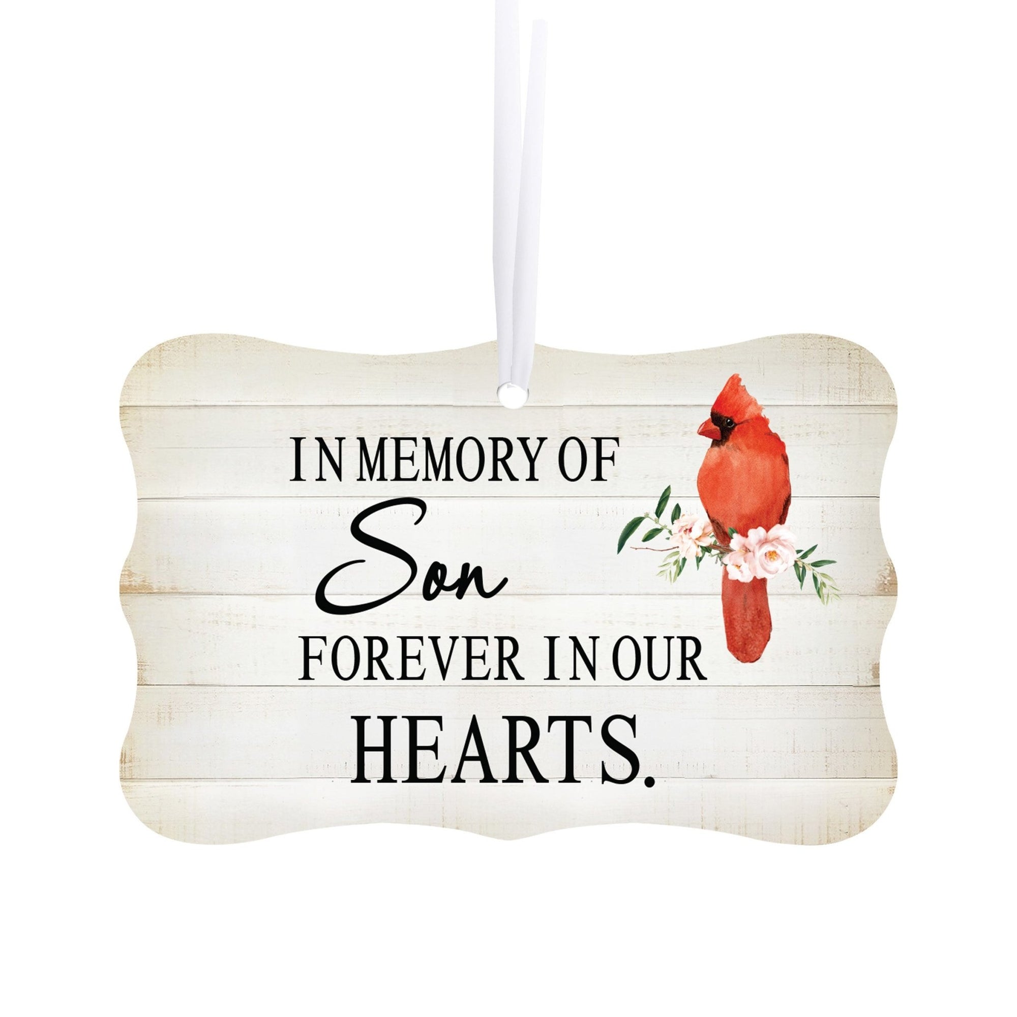 Custom Wooden Memorial Cardinal Ribbon Scalloped Ornament for Loss of Loved One - In Memory Of Son - LifeSong Milestones