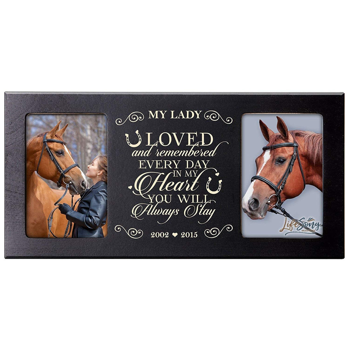 Custom Wooden Memorial Horse Black Picture Frame holds 2-4x6 photo - Loved And Remembered Everyday - LifeSong Milestones