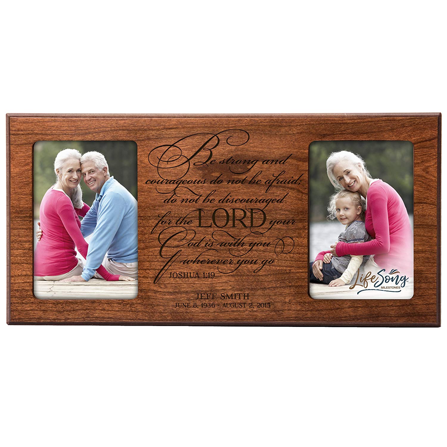 Custom Wooden Memorial Double Picture Frame holds 2-4x6 photo - Be Strong and Courageous - LifeSong Milestones