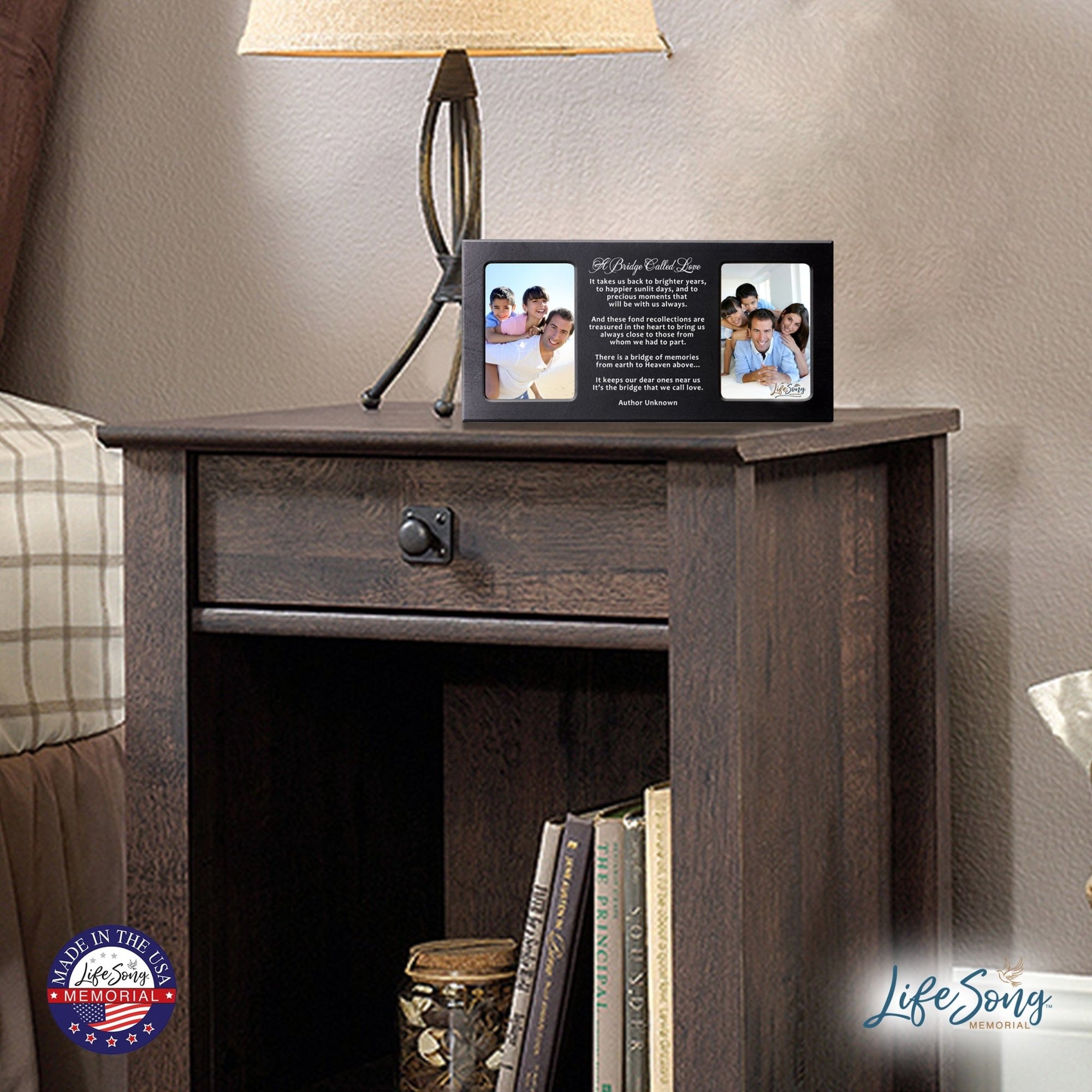Custom Wooden Memorial Double Picture Frame holds 2-4x6 photo - Bridge Called Loved - LifeSong Milestones