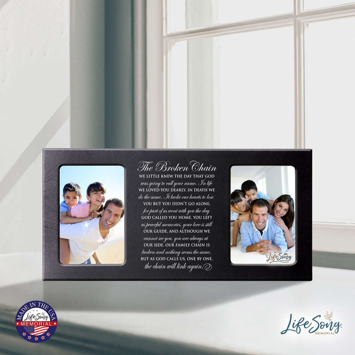 Custom Wooden Memorial Double Picture Frame holds 2-4x6 photo - Broken Chain - LifeSong Milestones