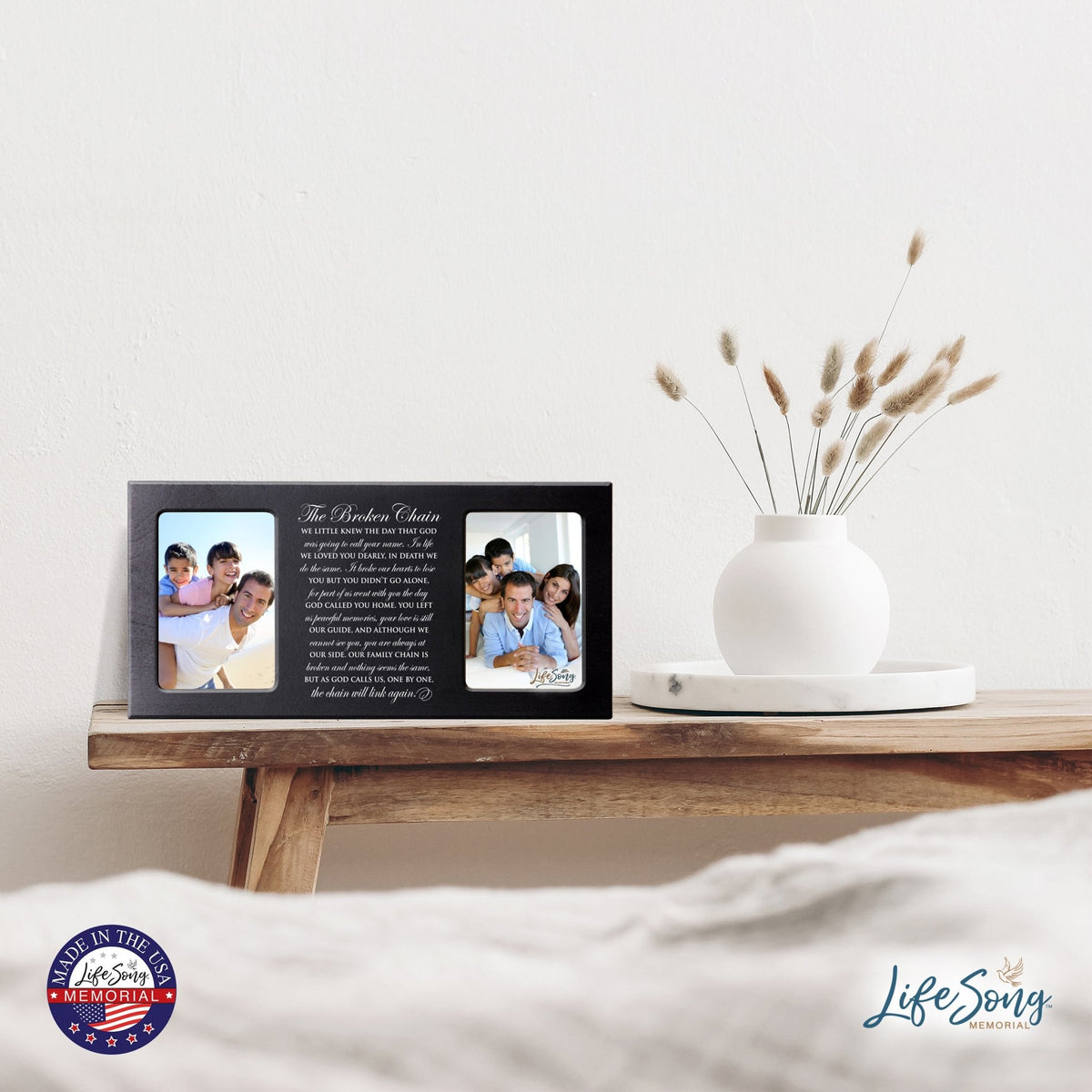 Custom Wooden Memorial Double Picture Frame holds 2-4x6 photo - Broken Chain - LifeSong Milestones