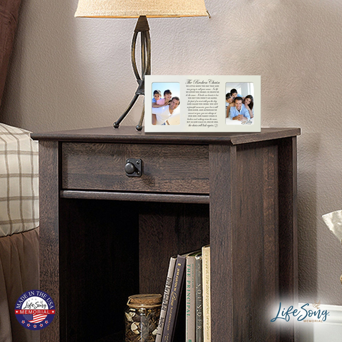 Custom Wooden Memorial Double Picture Frame holds 2-4x6 photo - Broken Chain - LifeSong Milestones