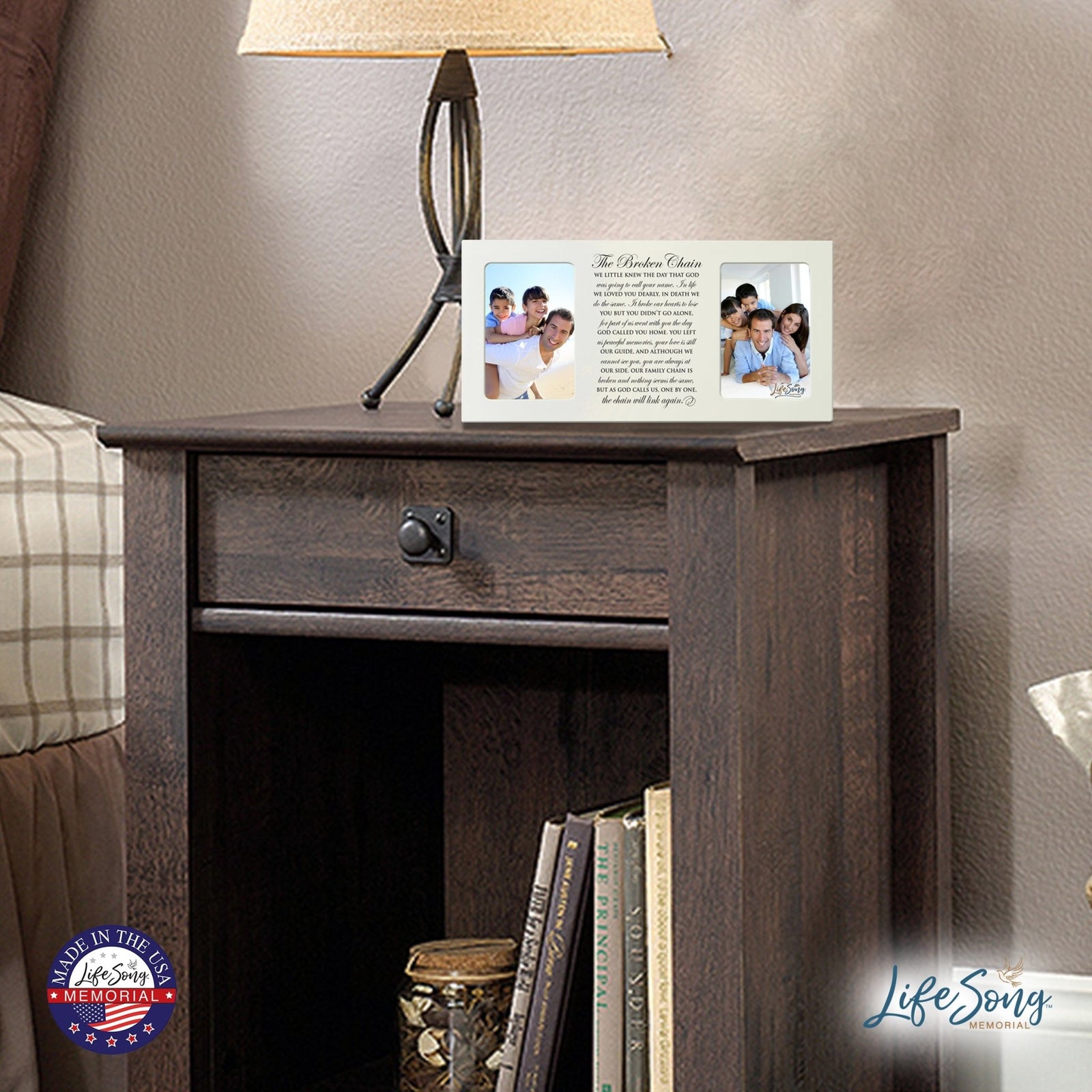 Custom Wooden Memorial Double Picture Frame holds 2-4x6 photo - Broken Chain - LifeSong Milestones