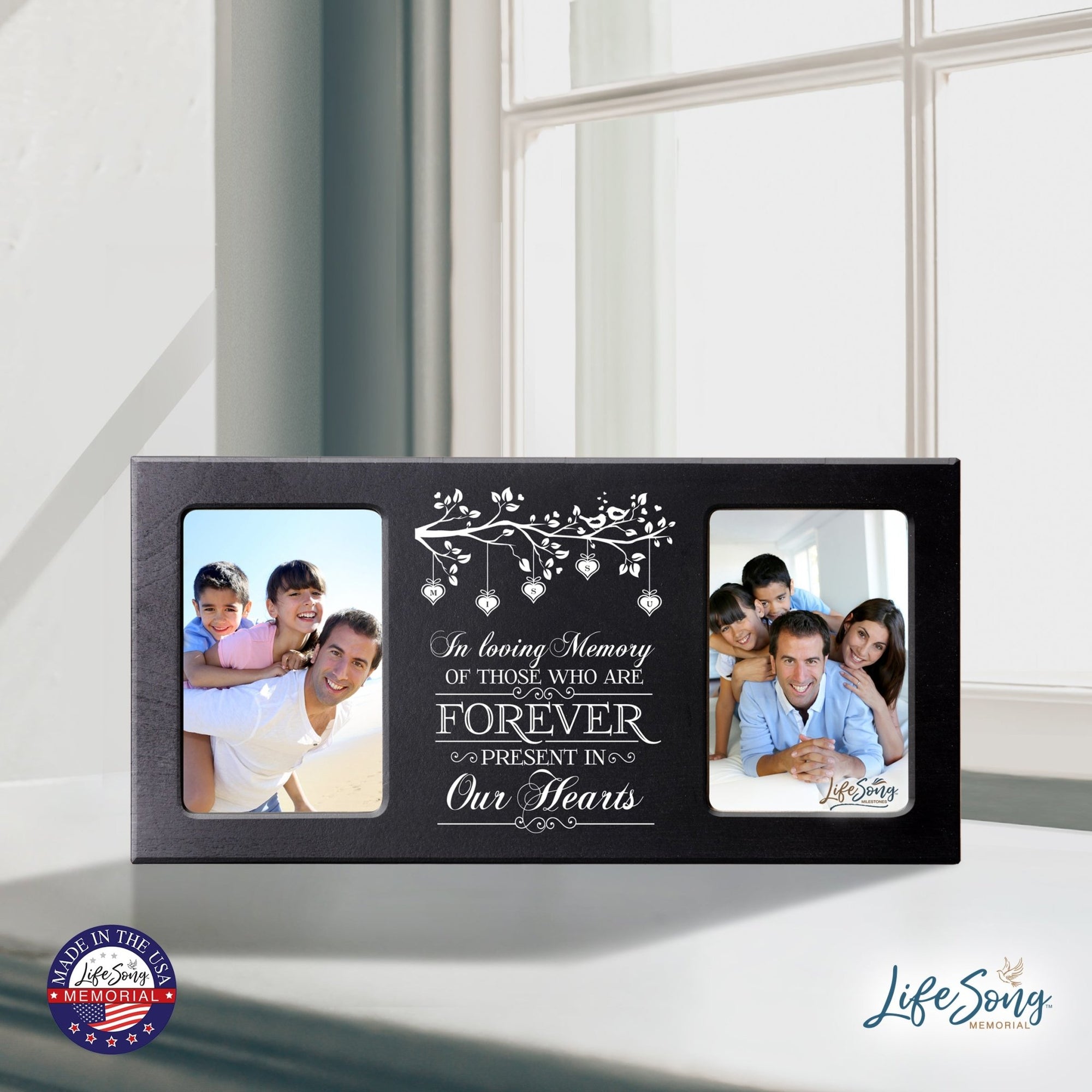 Custom Wooden Memorial Double Picture Frame holds 2-4x6 photo - Forever In Our Heart - LifeSong Milestones