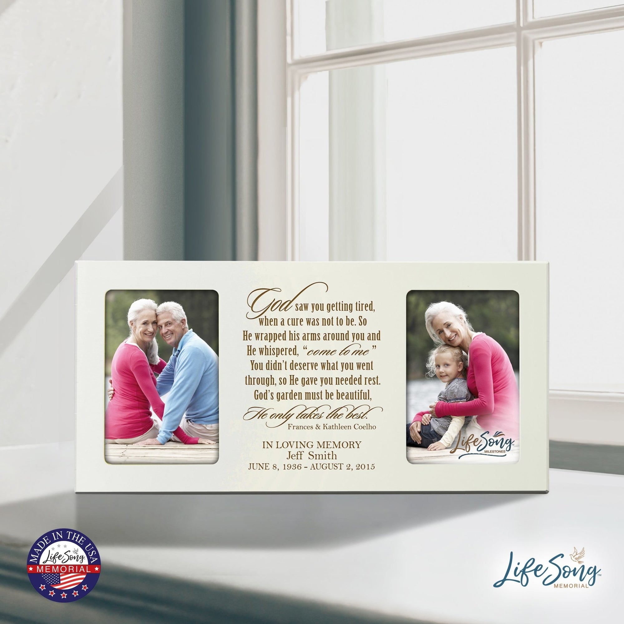 Custom Wooden Memorial Double Picture Frame holds 2-4x6 photo - God saw you - LifeSong Milestones