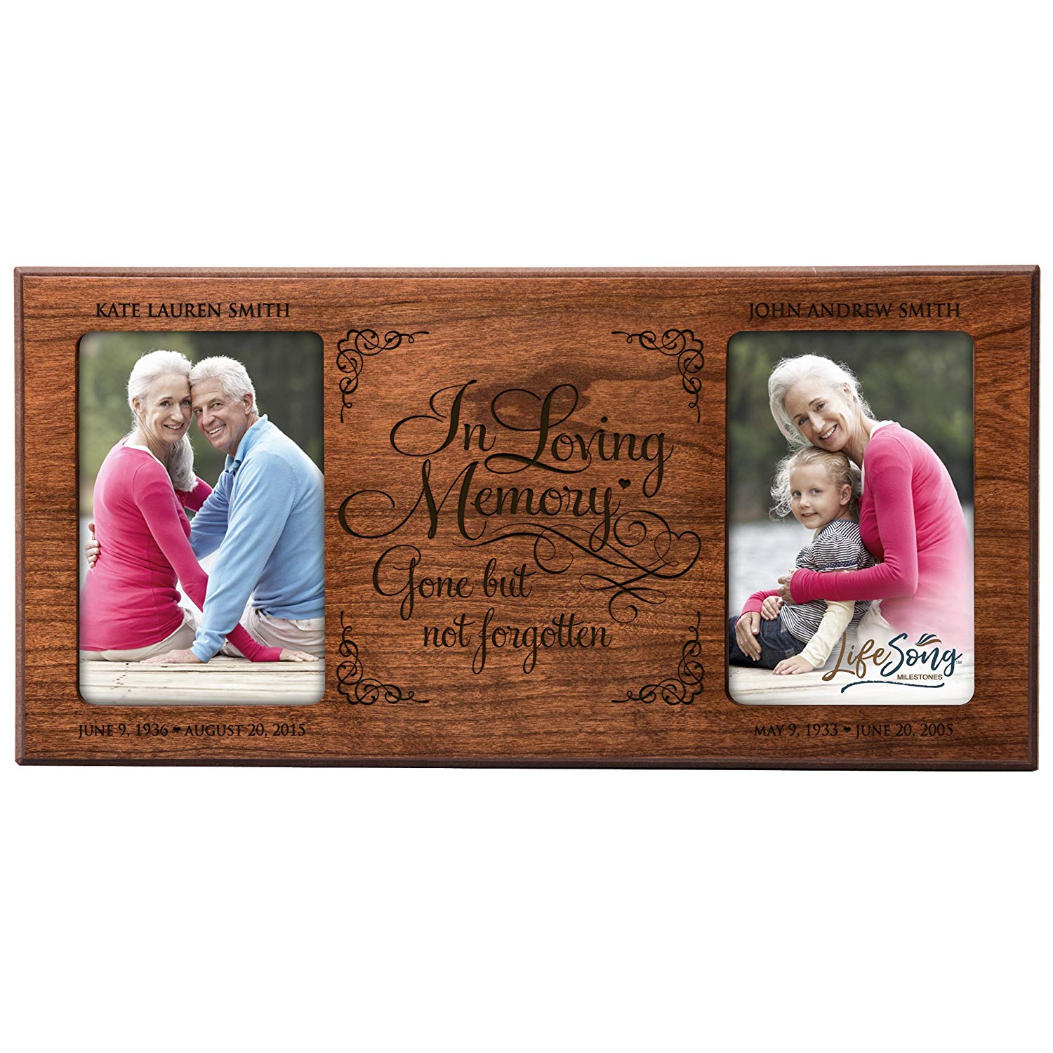 Custom Wooden Memorial Double Picture Frame holds 2-4x6 photo - Gone But Not Forgotten - LifeSong Milestones
