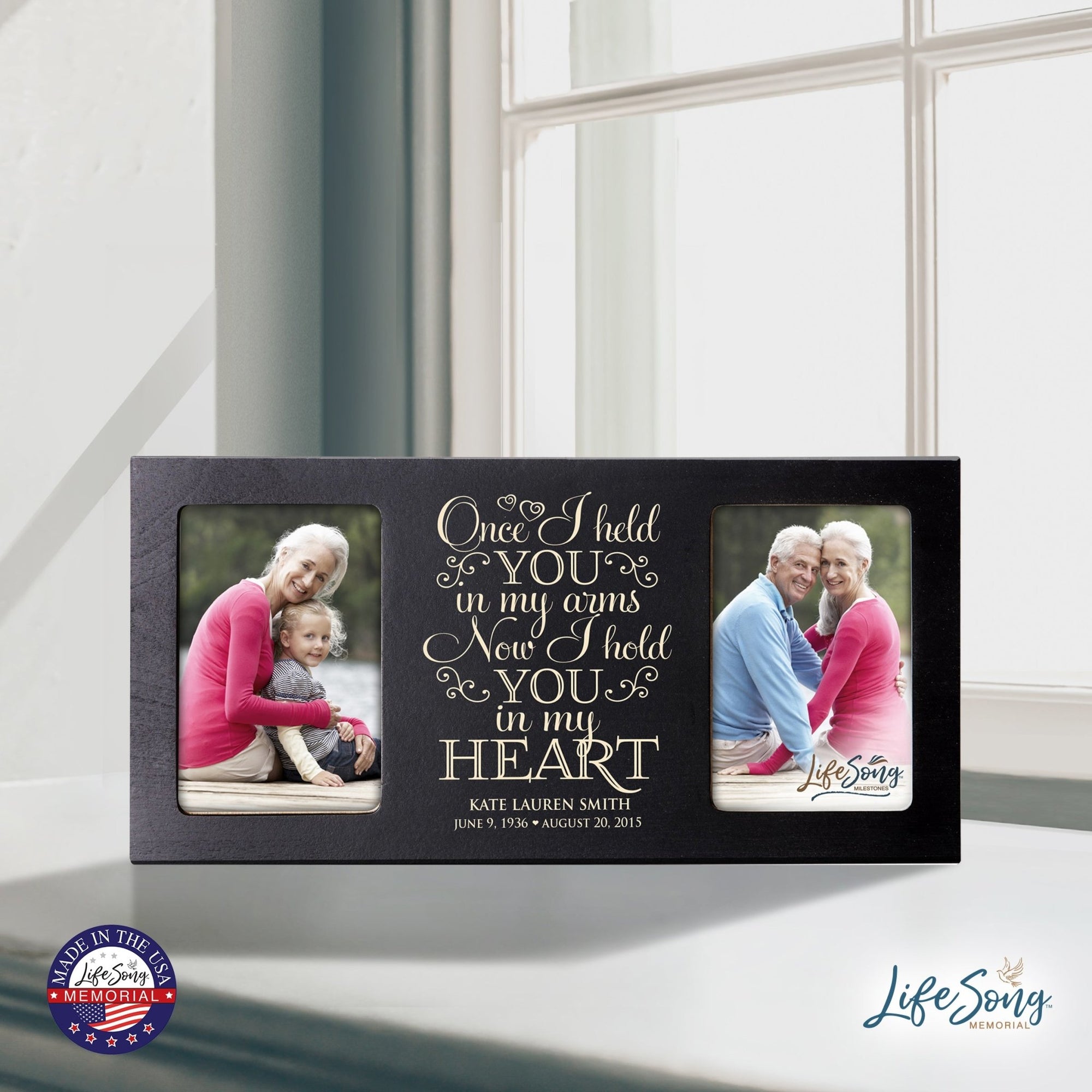 Custom Wooden Memorial Double Picture Frame holds 2-4x6 photo - Once I Held You In My Arms - LifeSong Milestones
