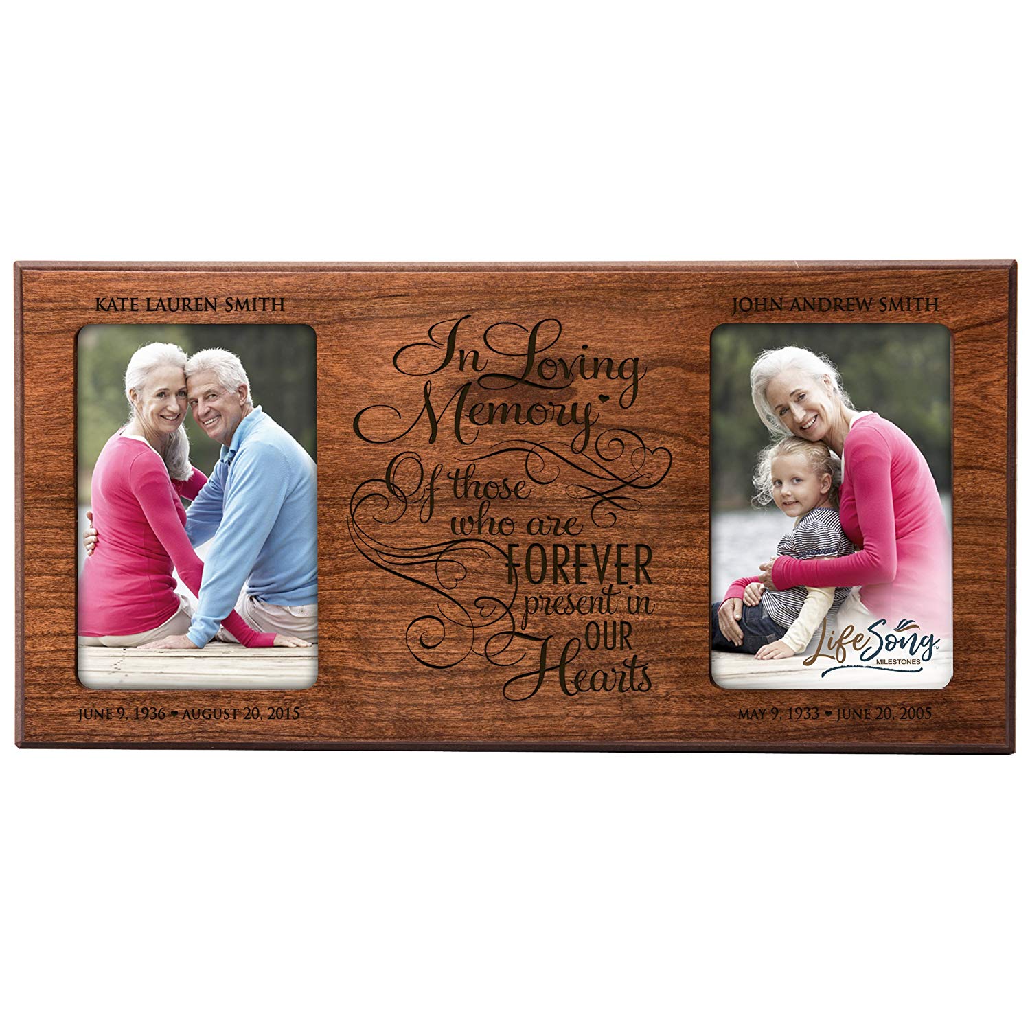 Custom Wooden Memorial Double Picture Frame holds 2-4x6 photo - Present In Our Hearts - LifeSong Milestones