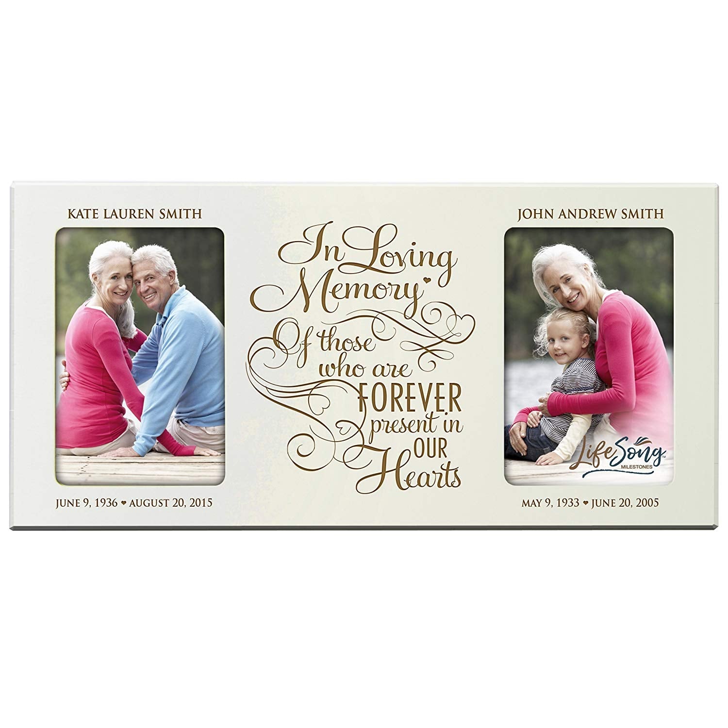 Custom Wooden Memorial Double Picture Frame holds 2-4x6 photo - Present In Our Hearts - LifeSong Milestones