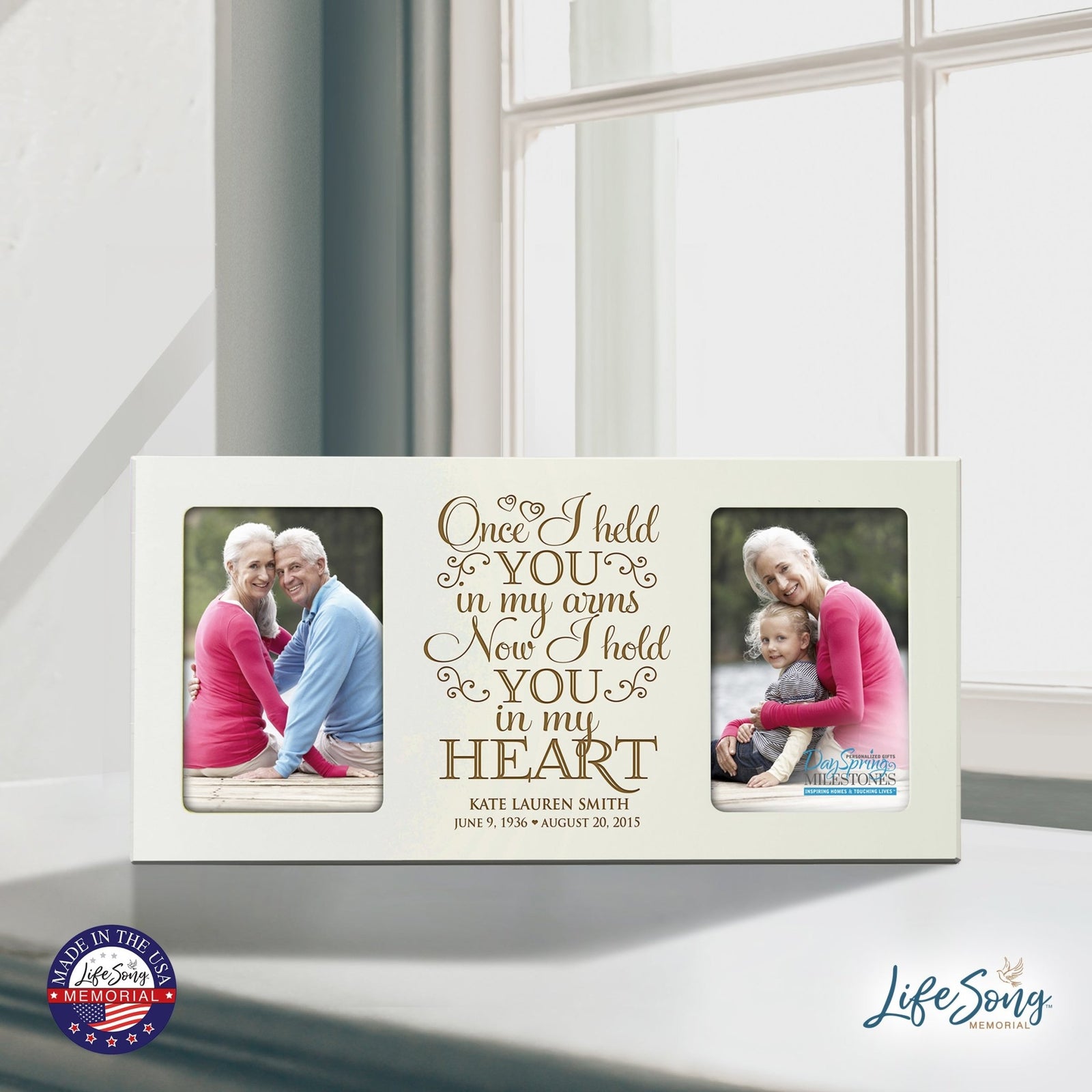 Custom Wooden Memorial Double Picture Frame holds 2-4x6 photo - Present In Our Hearts - LifeSong Milestones