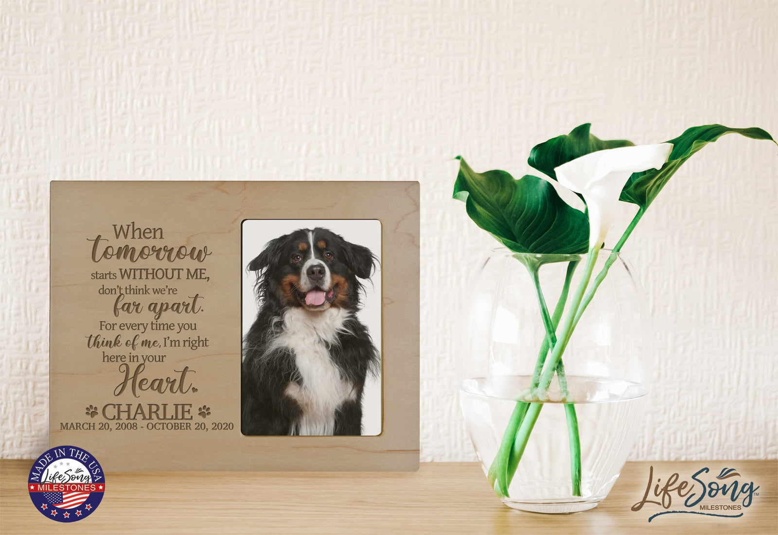 Custom Wooden Pet Memorial 8x10 Picture Frame holds 4x6 photo When Tomorrow Starts - LifeSong Milestones