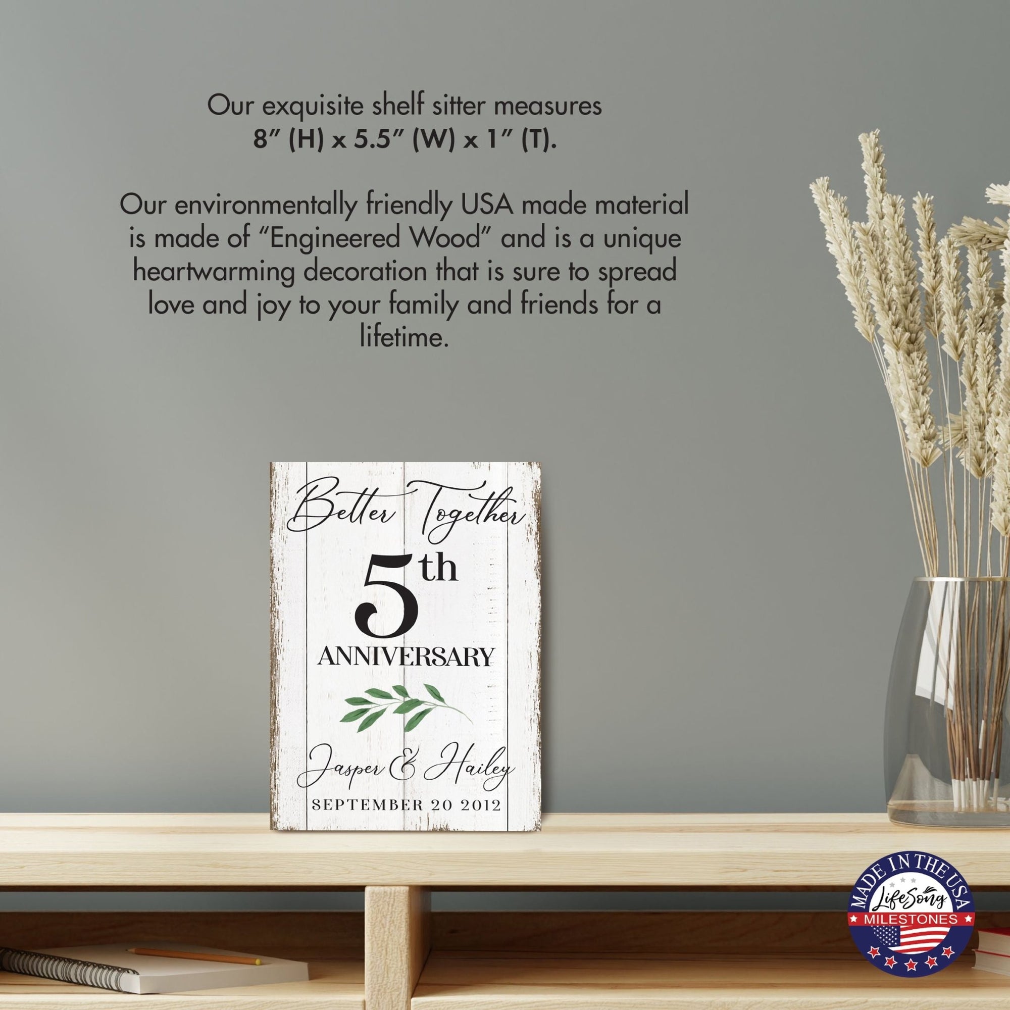 Wedding Anniversary Tabletop Home Decor - Elegant MDF wood sign with digital prints commemorating your 5th anniversary.