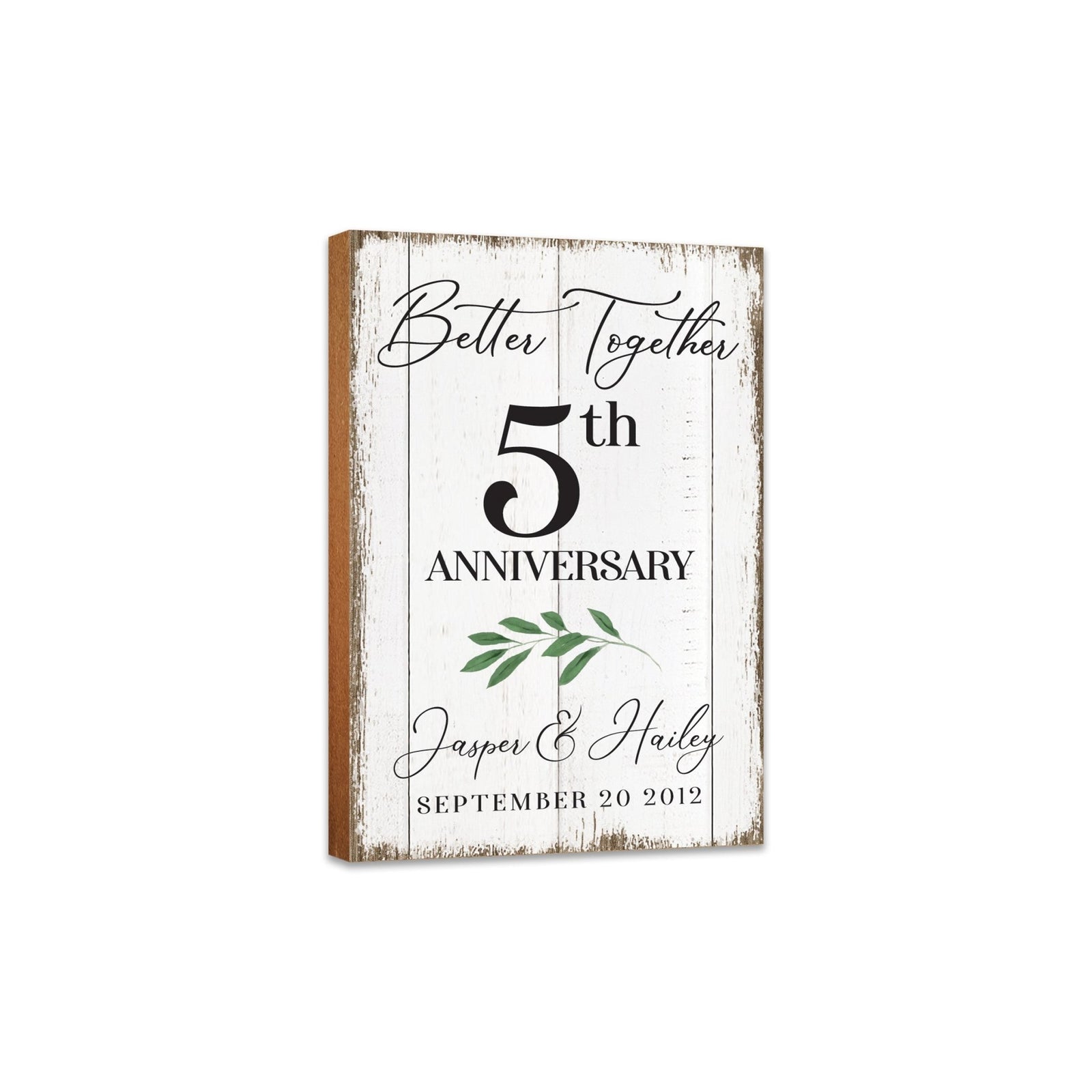 Personalized 5th Wedding Anniversary Unique Shelf Décor - MDF wood signs with digitally printed designs.