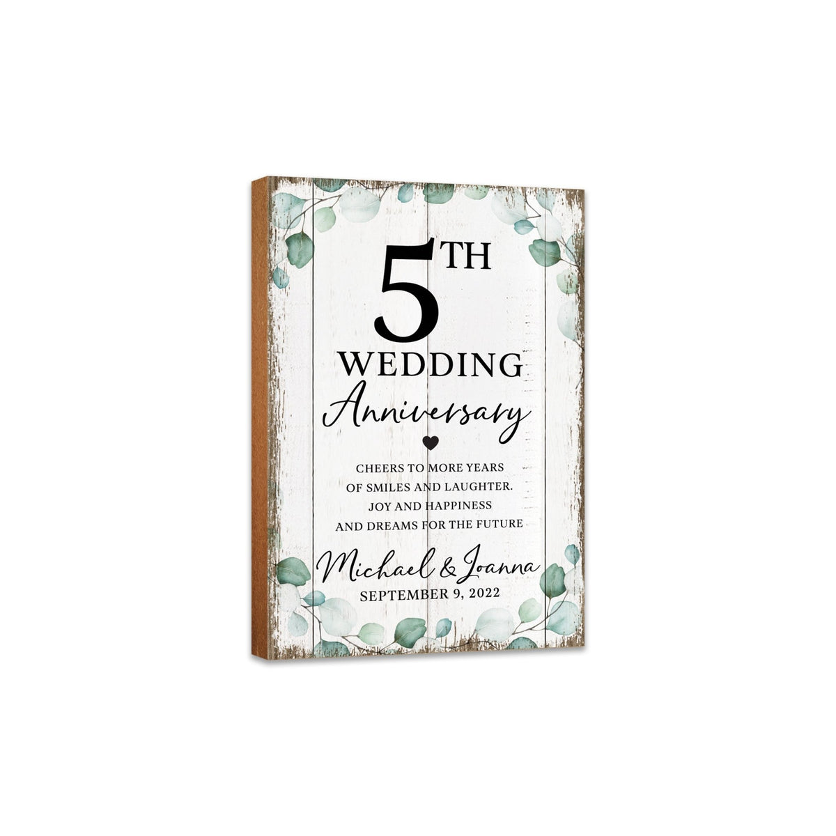 Personalized 5th Wedding Anniversary Unique Shelf Décor - MDF wood signs with digitally printed designs.