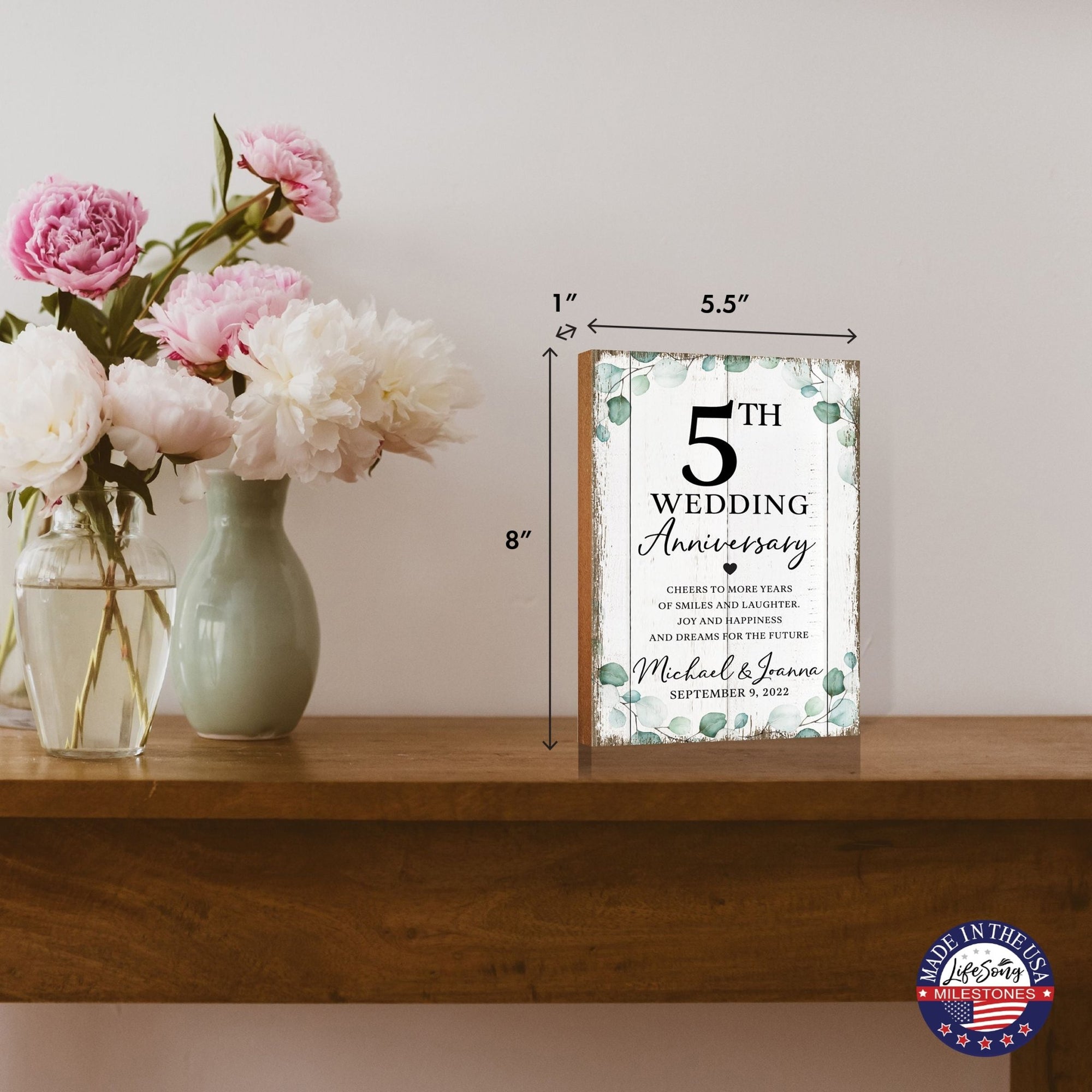 Lifesong Milestones MDF wood shelf decor with digitally printed designs, ideal for celebrating a personalized 5th wedding anniversary.