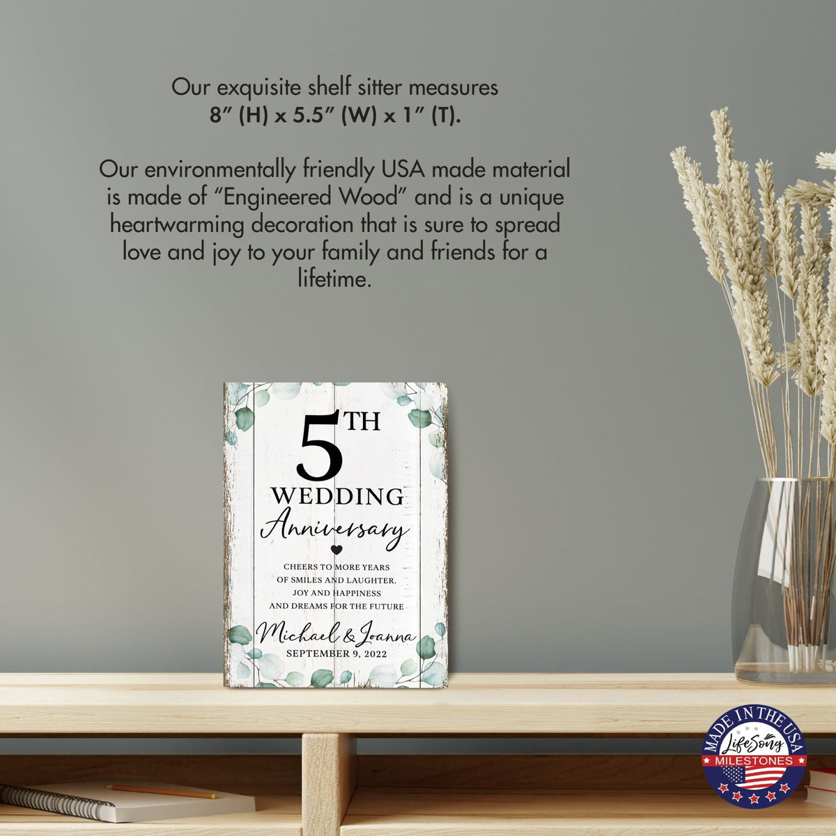 Wedding Anniversary Tabletop Home Decor - Elegant MDF wood sign with digital prints commemorating your 5th anniversary.
