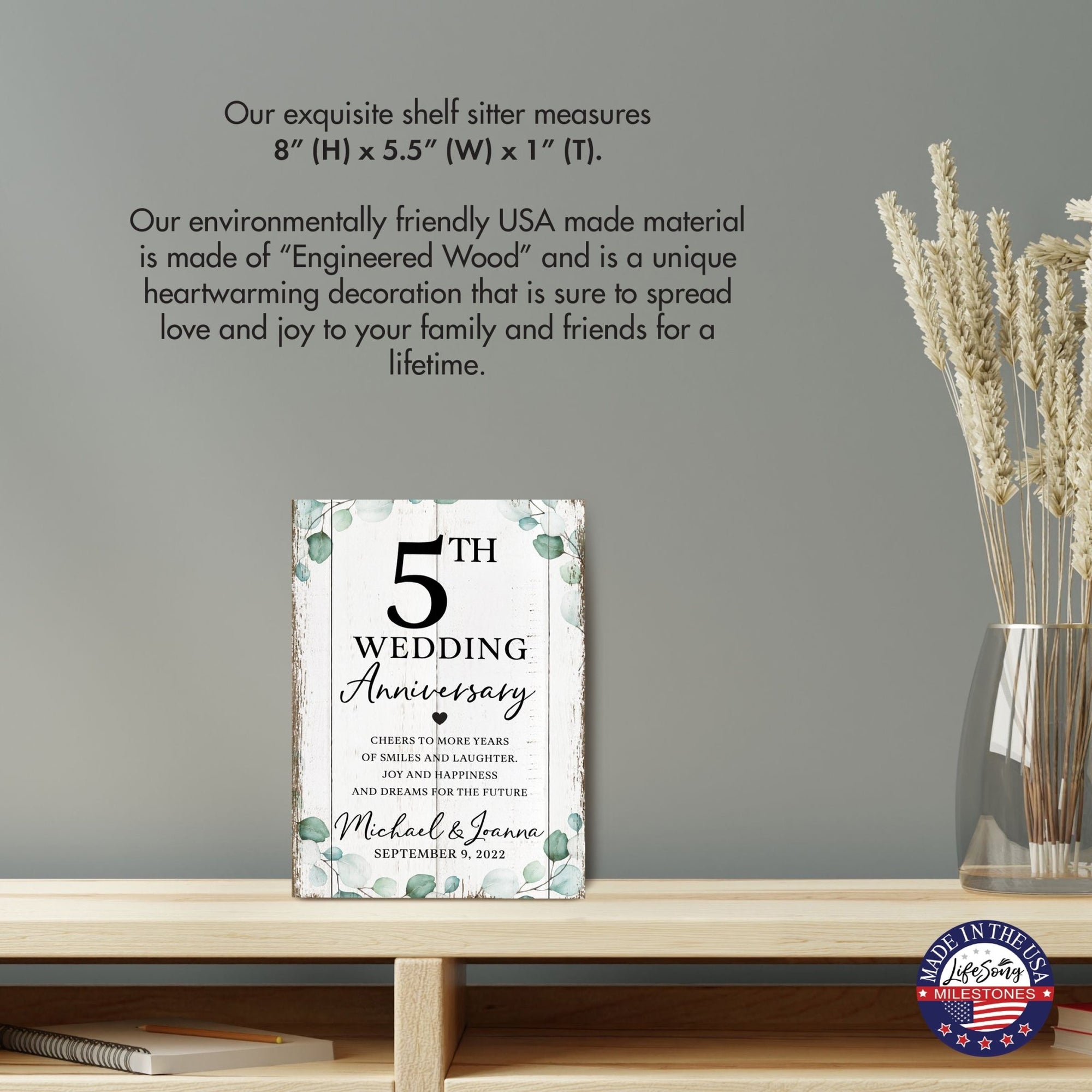 Wedding Anniversary Tabletop Home Decor - Elegant MDF wood sign with digital prints commemorating your 5th anniversary.