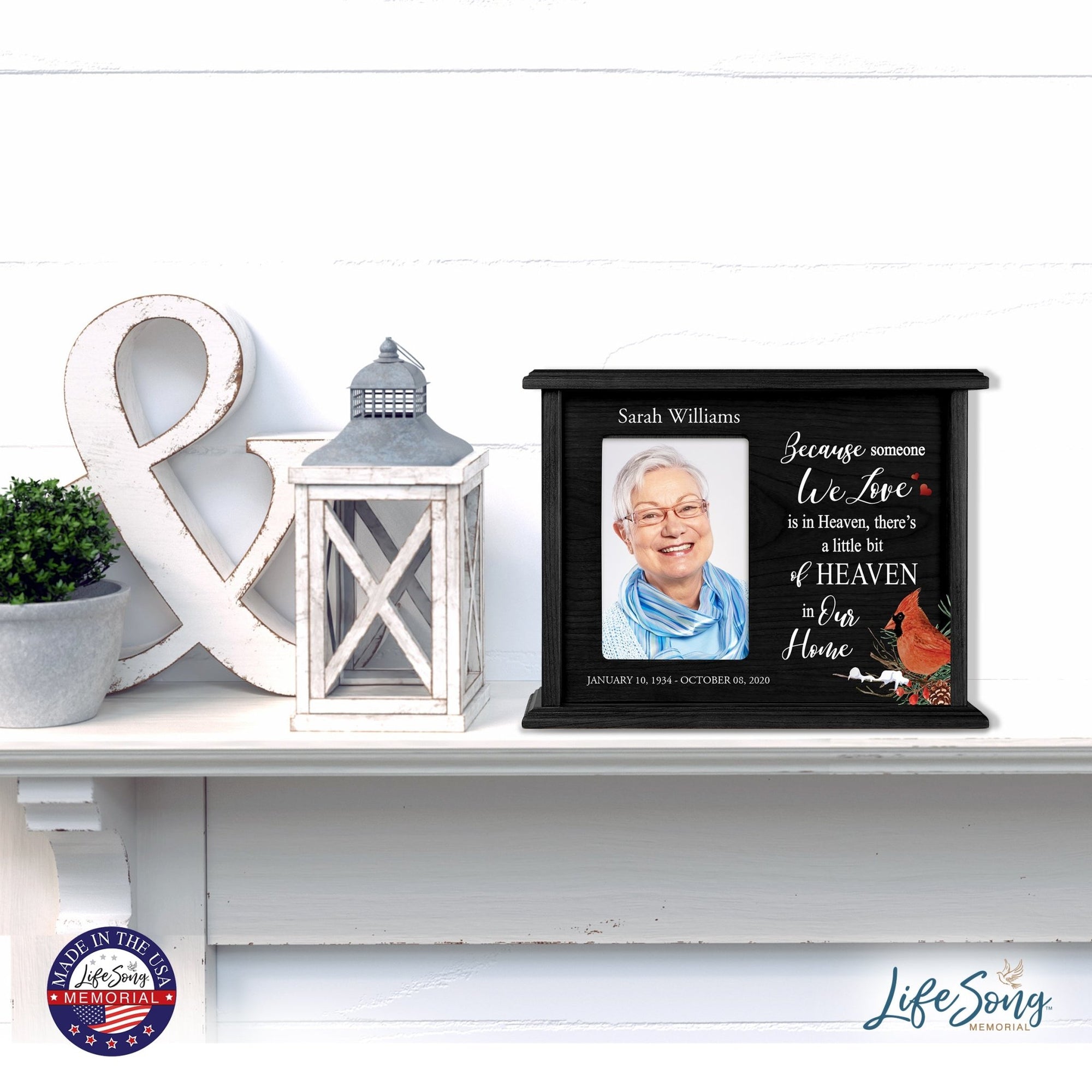 Customized Cardinal Memorial Cremation Urn Wooden Urn Box with 4x6 Photo holds 200 cu in Because Someone We Love - LifeSong Milestones