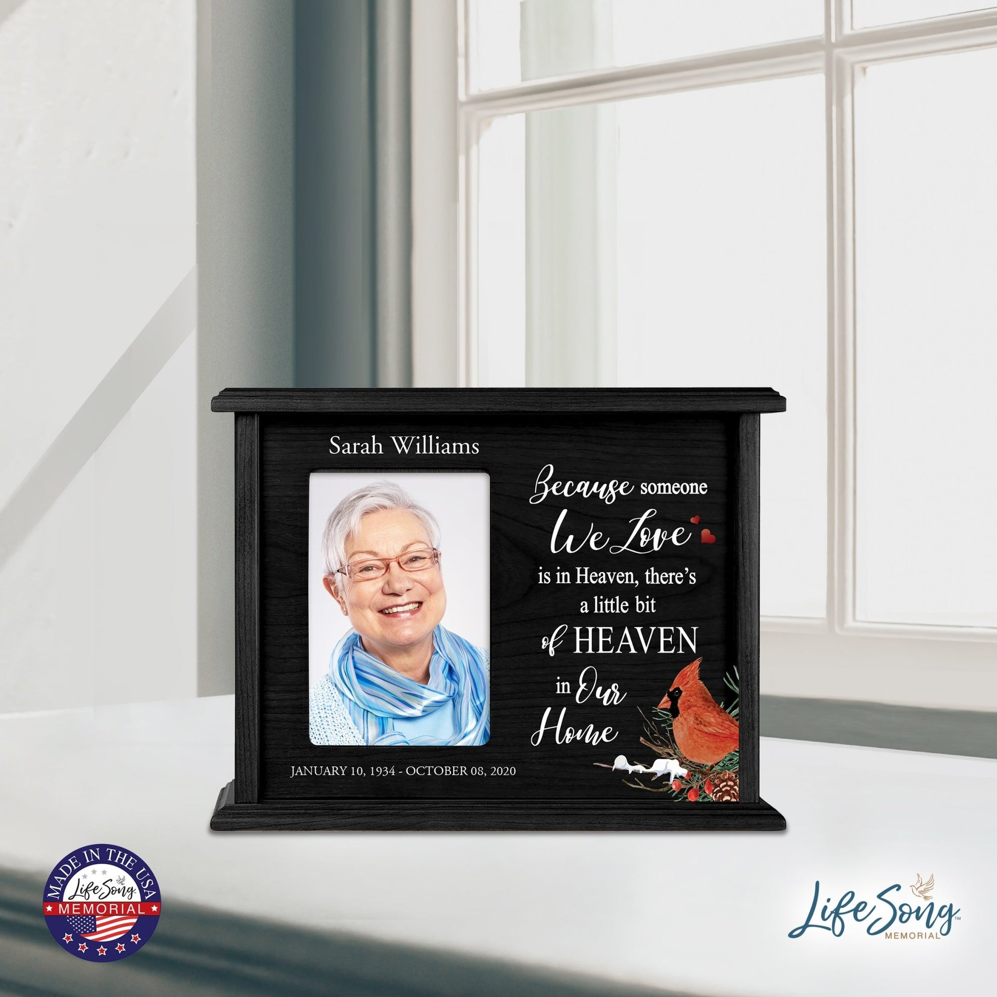 Customized Cardinal Memorial Cremation Urn Wooden Urn Box with 4x6 Photo holds 200 cu in Because Someone We Love - LifeSong Milestones