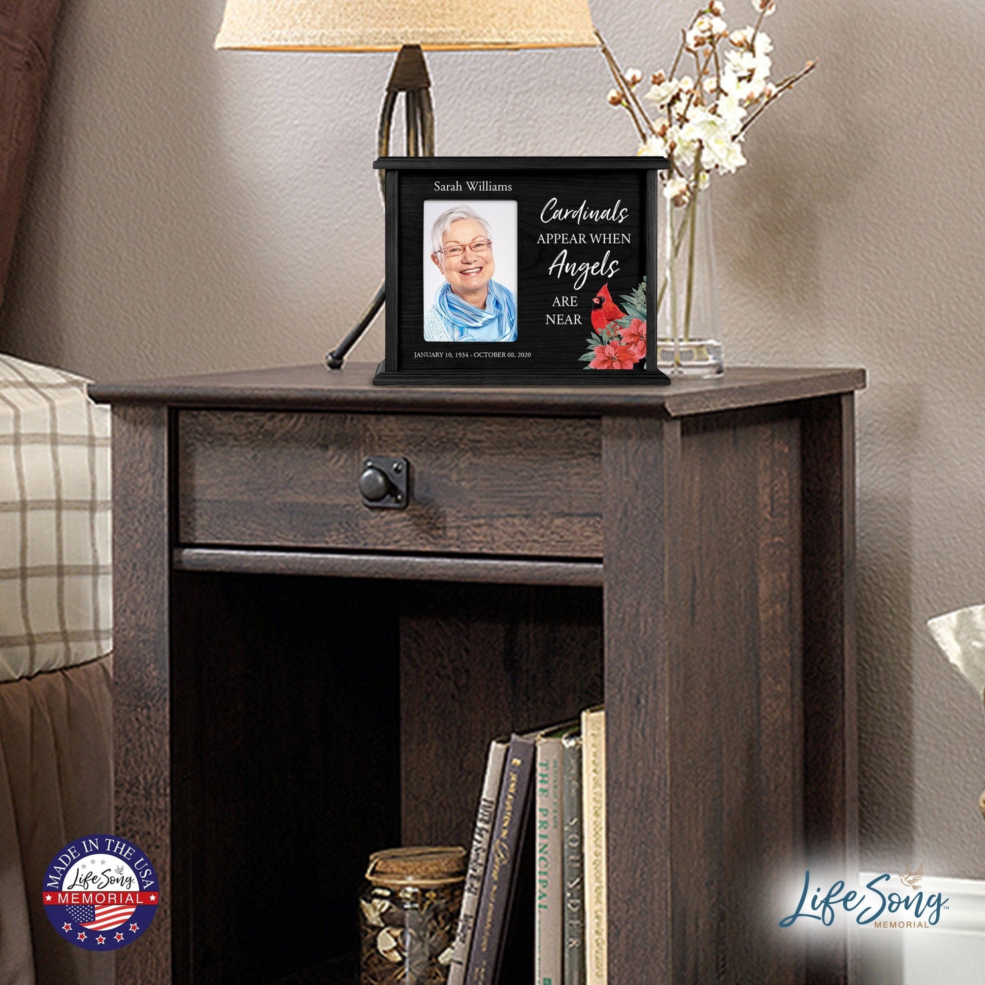 Customized Cardinal Memorial Cremation Urn Wooden Urn Box with 4x6 Photo holds 200 cu in Cardinals Appear When - LifeSong Milestones