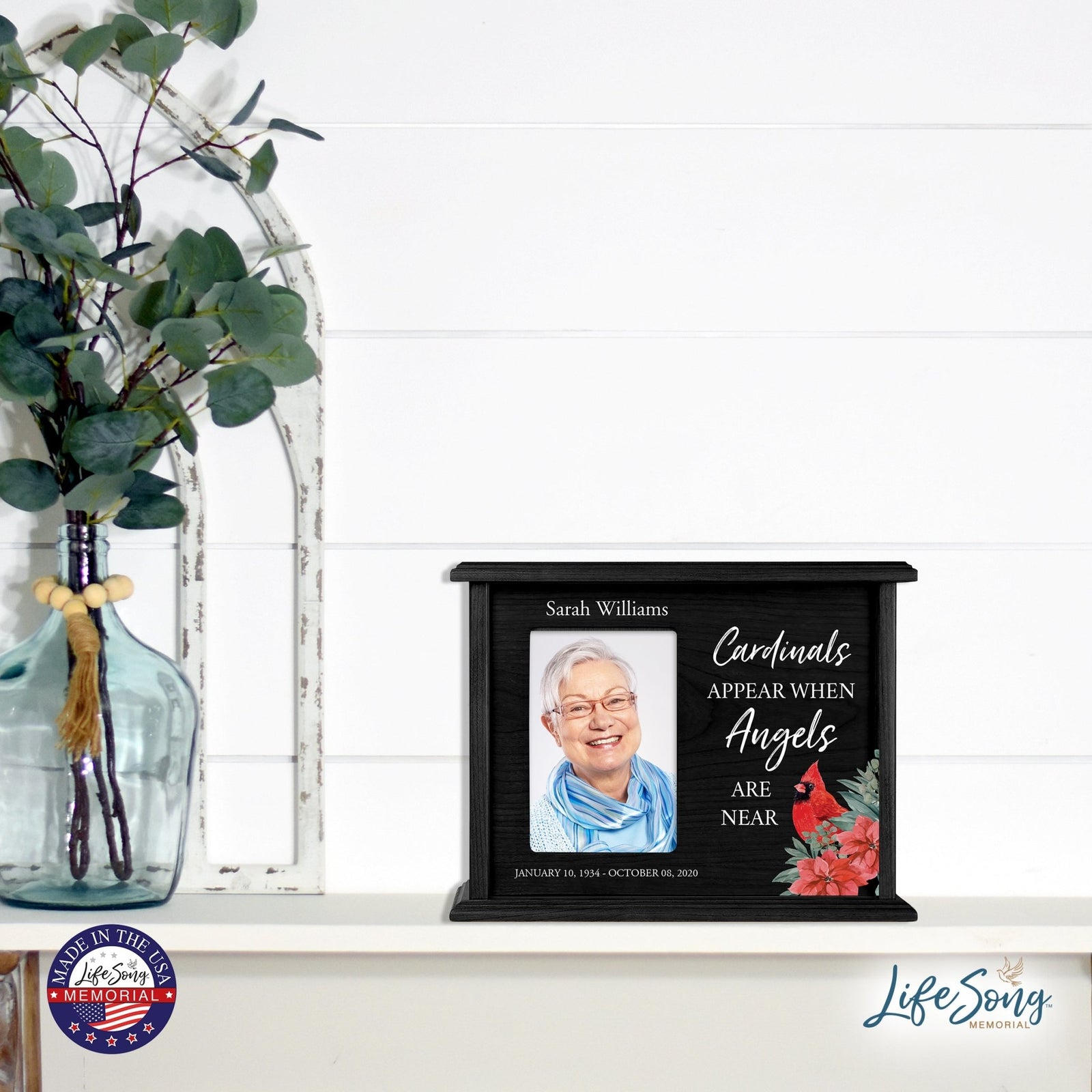 Customized Cardinal Memorial Cremation Urn Wooden Urn Box with 4x6 Photo holds 200 cu in Cardinals Appear When - LifeSong Milestones