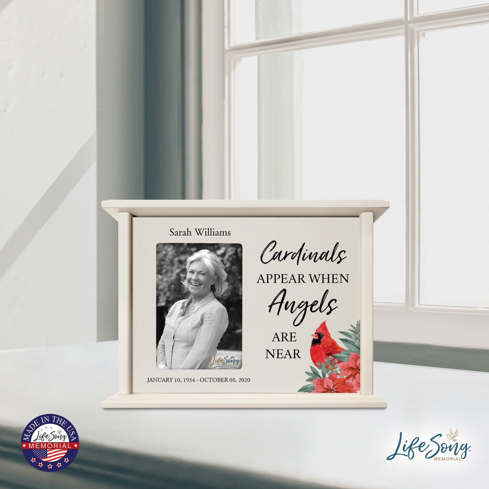 Customized Cardinal Memorial Cremation Urn Wooden Urn Box with 4x6 Photo holds 200 cu in Cardinals Appear When - LifeSong Milestones