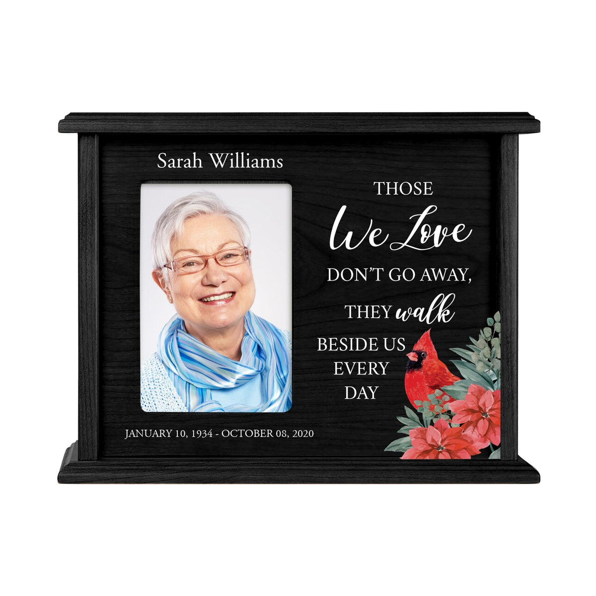 Customized Cardinal Memorial Cremation Urn Wooden Urn Box with 4x6 Photo holds 200 cu in Those We Love - LifeSong Milestones