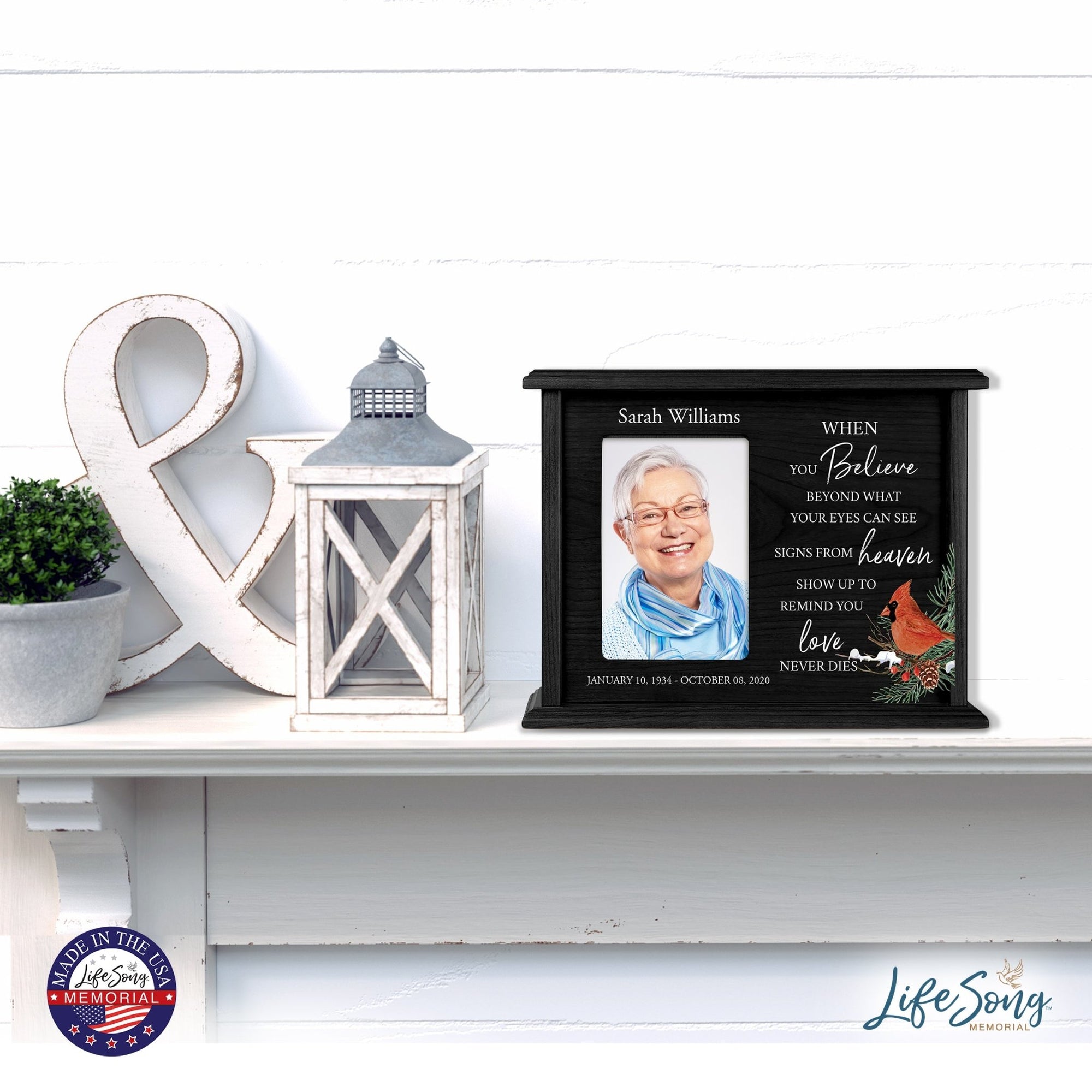 Customized Cardinal Memorial Cremation Urn Wooden Urn Box with 4x6 Photo holds 200 cu in When You Believe - LifeSong Milestones
