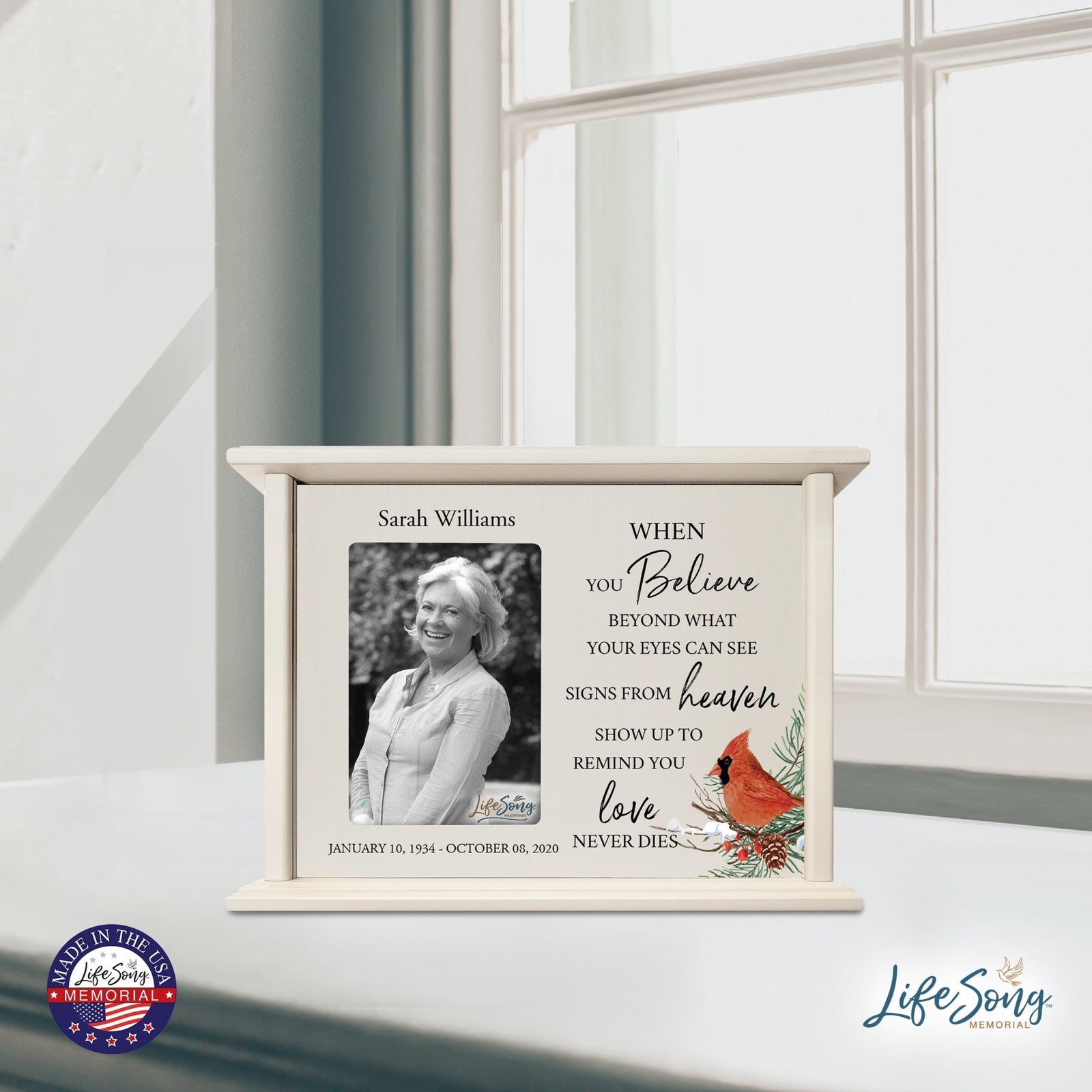 Customized Cardinal Memorial Cremation Urn Wooden Urn Box with 4x6 Photo holds 200 cu in When You Believe - LifeSong Milestones
