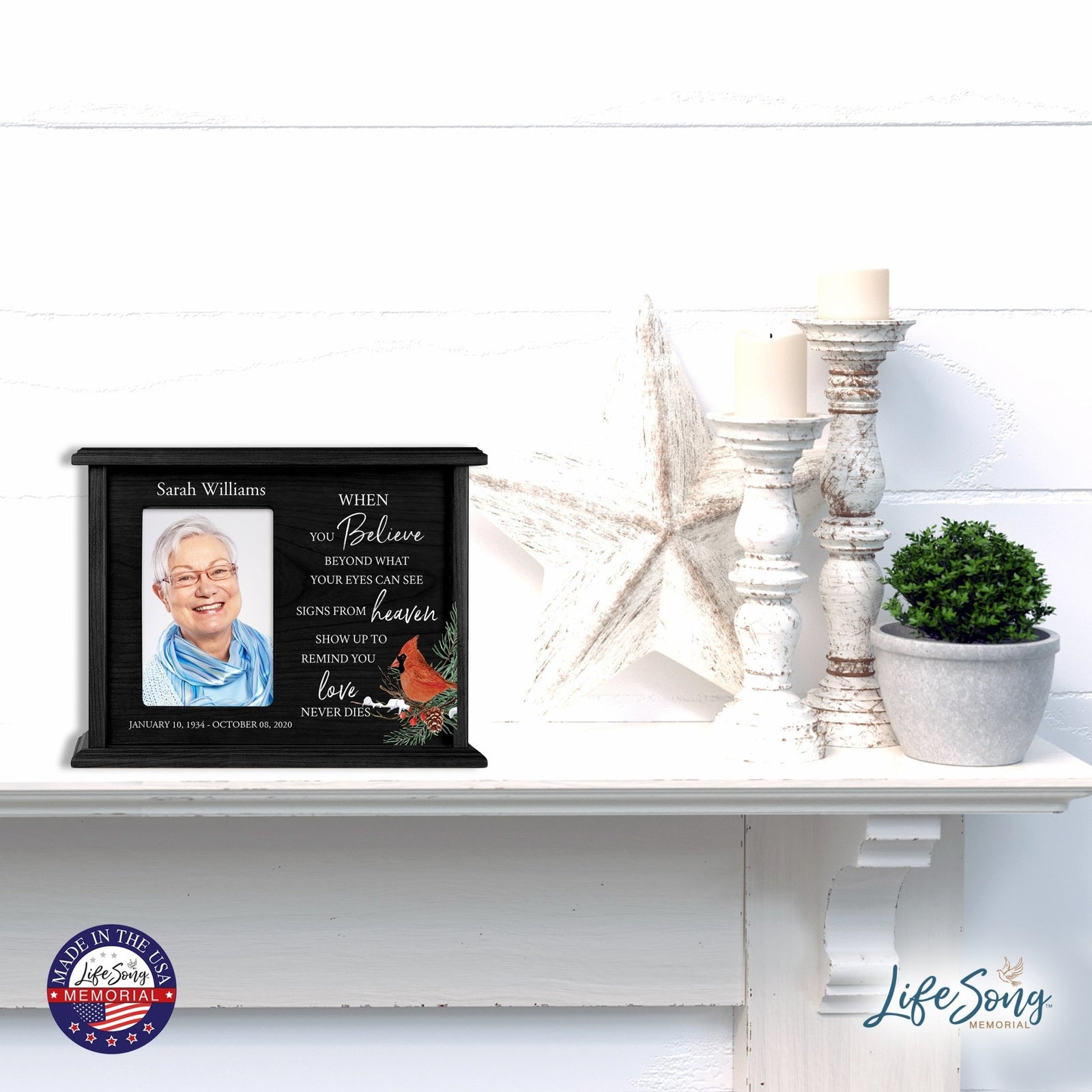 Customized Cardinal Memorial Cremation Urn Wooden Urn Box with 4x6 Photo holds 200 cu in When You Believe - LifeSong Milestones