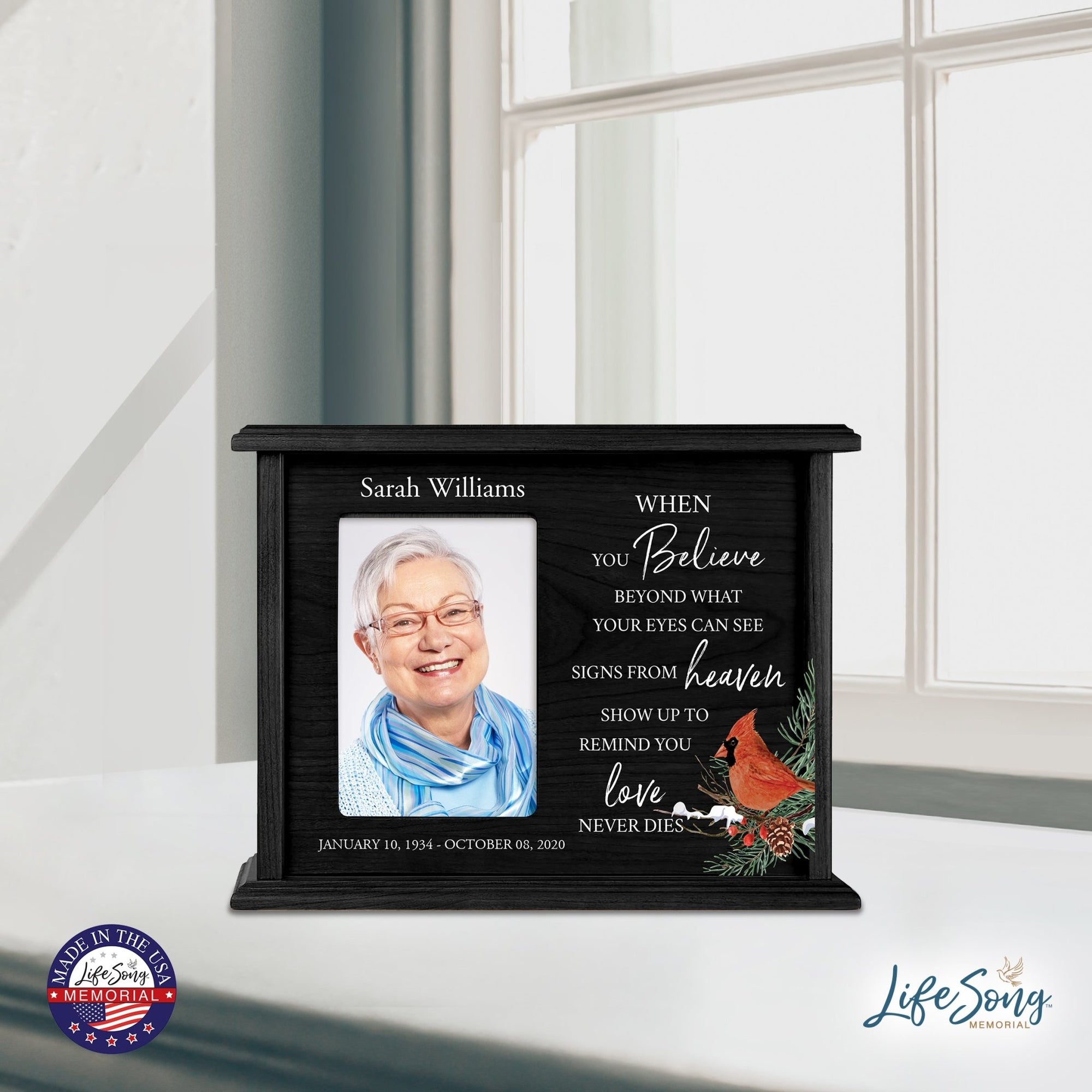 Customized Cardinal Memorial Cremation Urn Wooden Urn Box with 4x6 Photo holds 200 cu in When You Believe - LifeSong Milestones