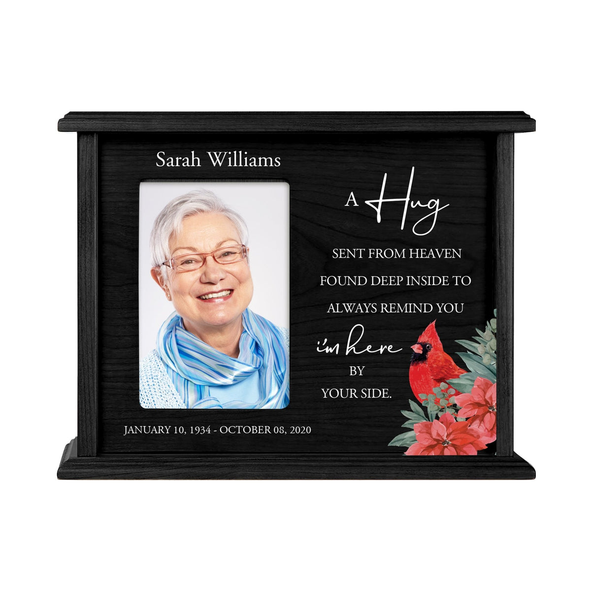 Customized Cardinal Memorial Cremation Urn Wooden Urn Box with 4x6 Photo holds 200cu in A Hug Sent From - LifeSong Milestones