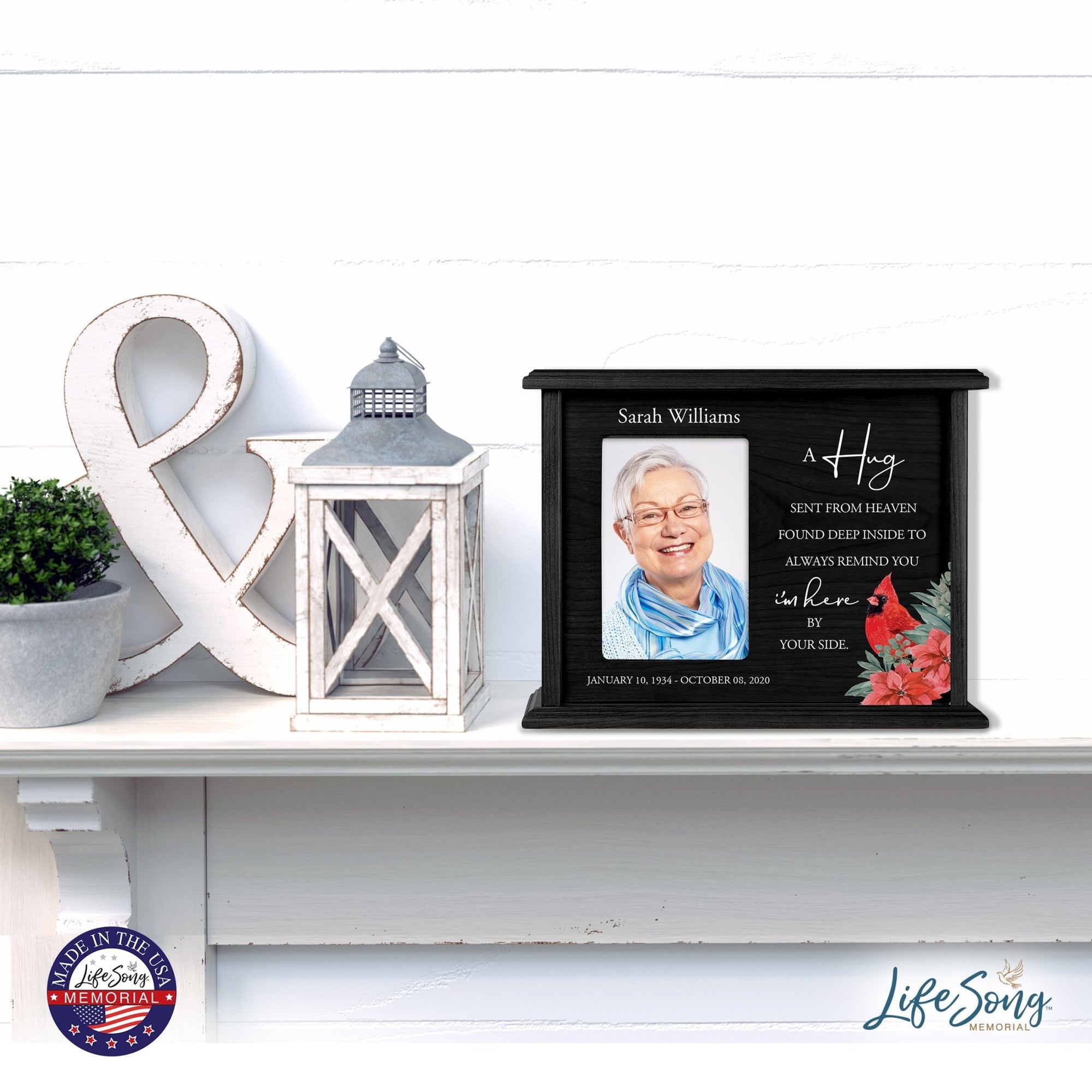 Customized Cardinal Memorial Cremation Urn Wooden Urn Box with 4x6 Photo holds 200cu in A Hug Sent From - LifeSong Milestones