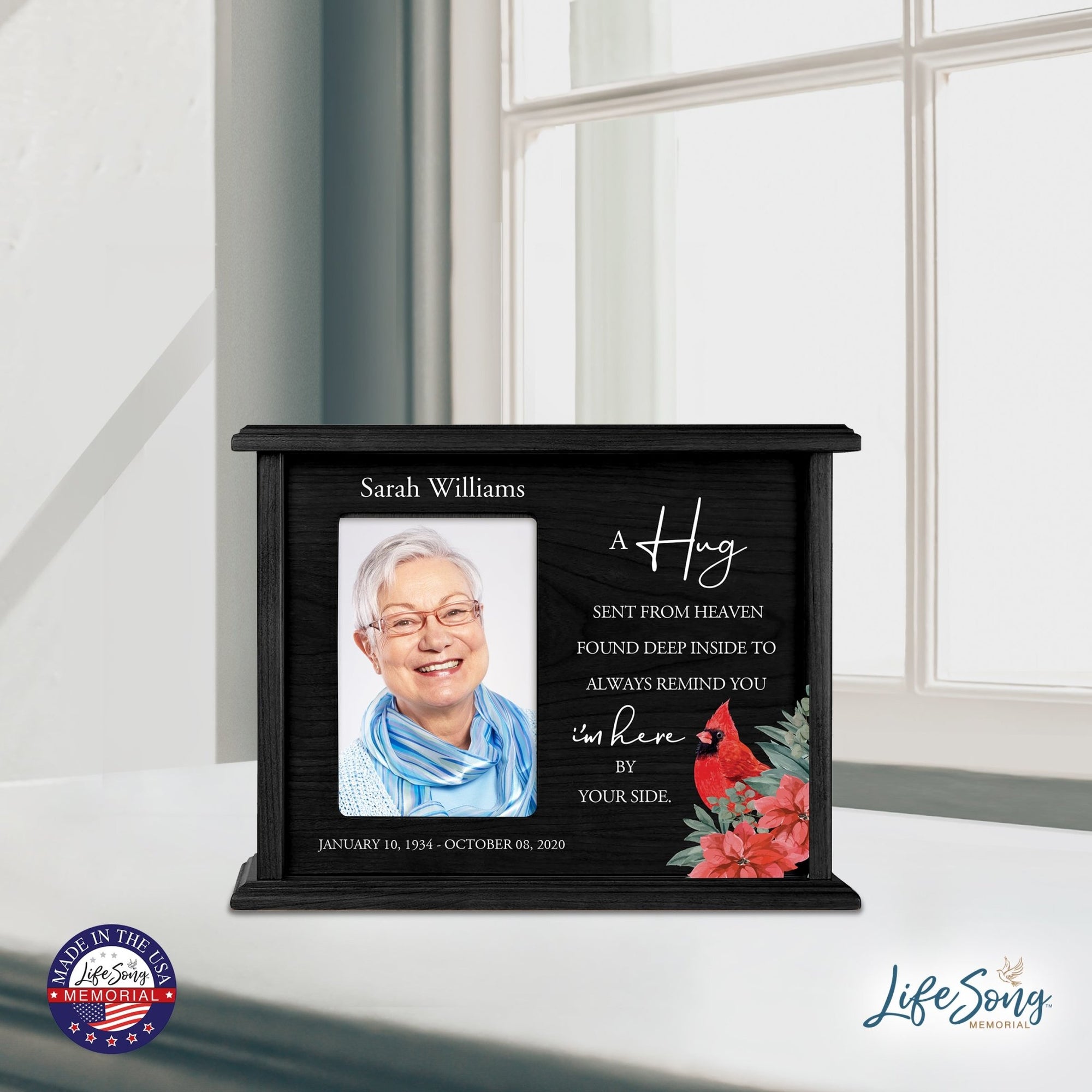 Customized Cardinal Memorial Cremation Urn Wooden Urn Box with 4x6 Photo holds 200cu in A Hug Sent From - LifeSong Milestones
