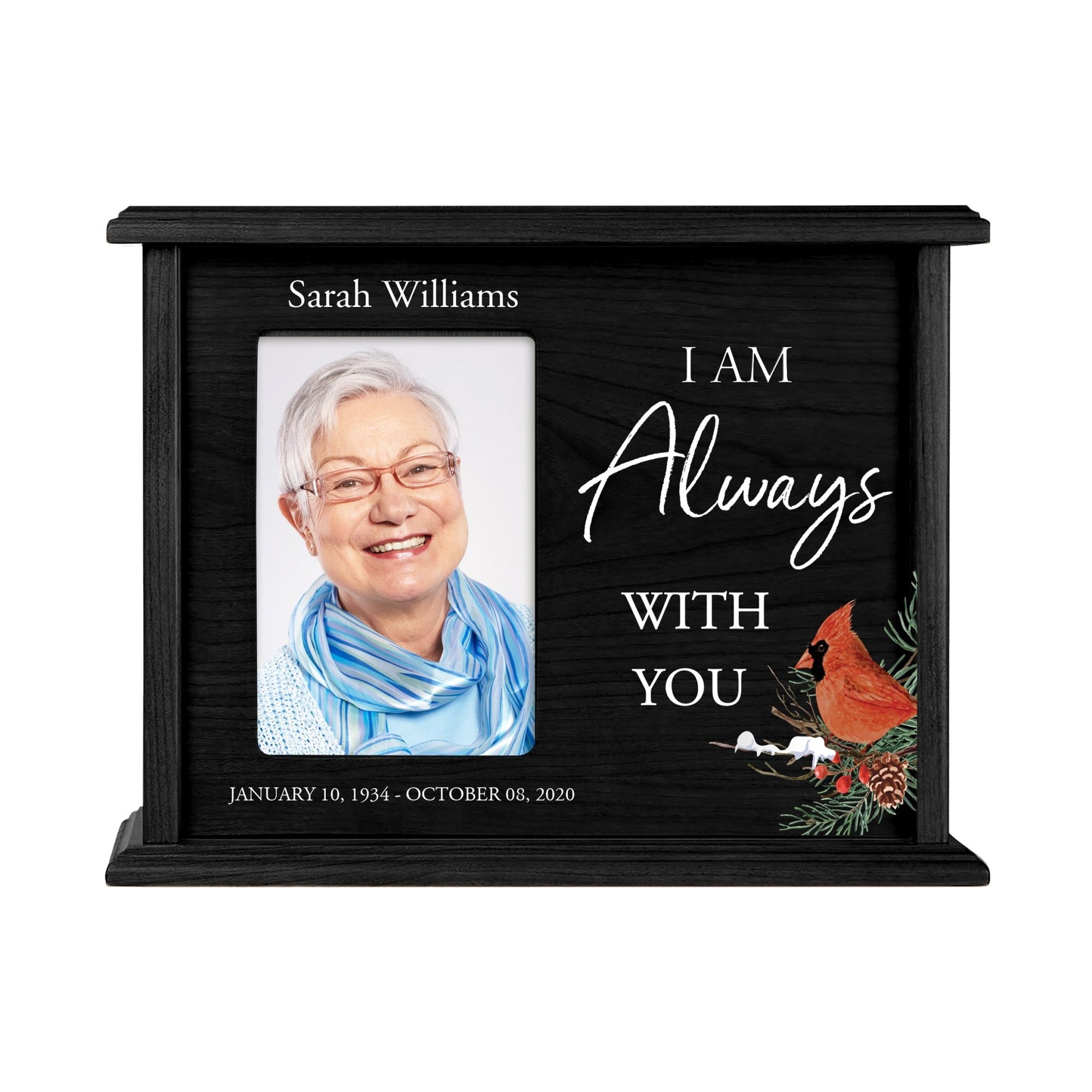 Customized Cardinal Memorial Cremation Urn Wooden Urn Box with 4x6 Photo holds 200cu in I Am Always - LifeSong Milestones