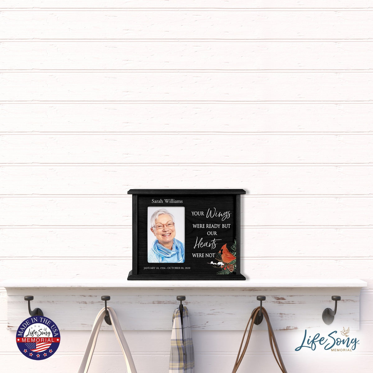 Customized Cardinal Memorial Wooden Cremation Urn Box with 4x6 Photo holds 200 cu in Your Wings Were - LifeSong Milestones